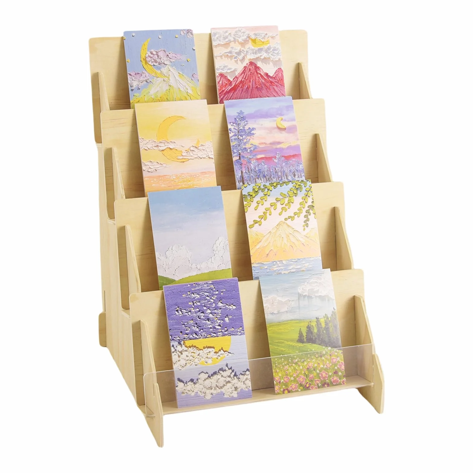 Espositore per biglietti di auguri in legno a 4 ripiani portatile