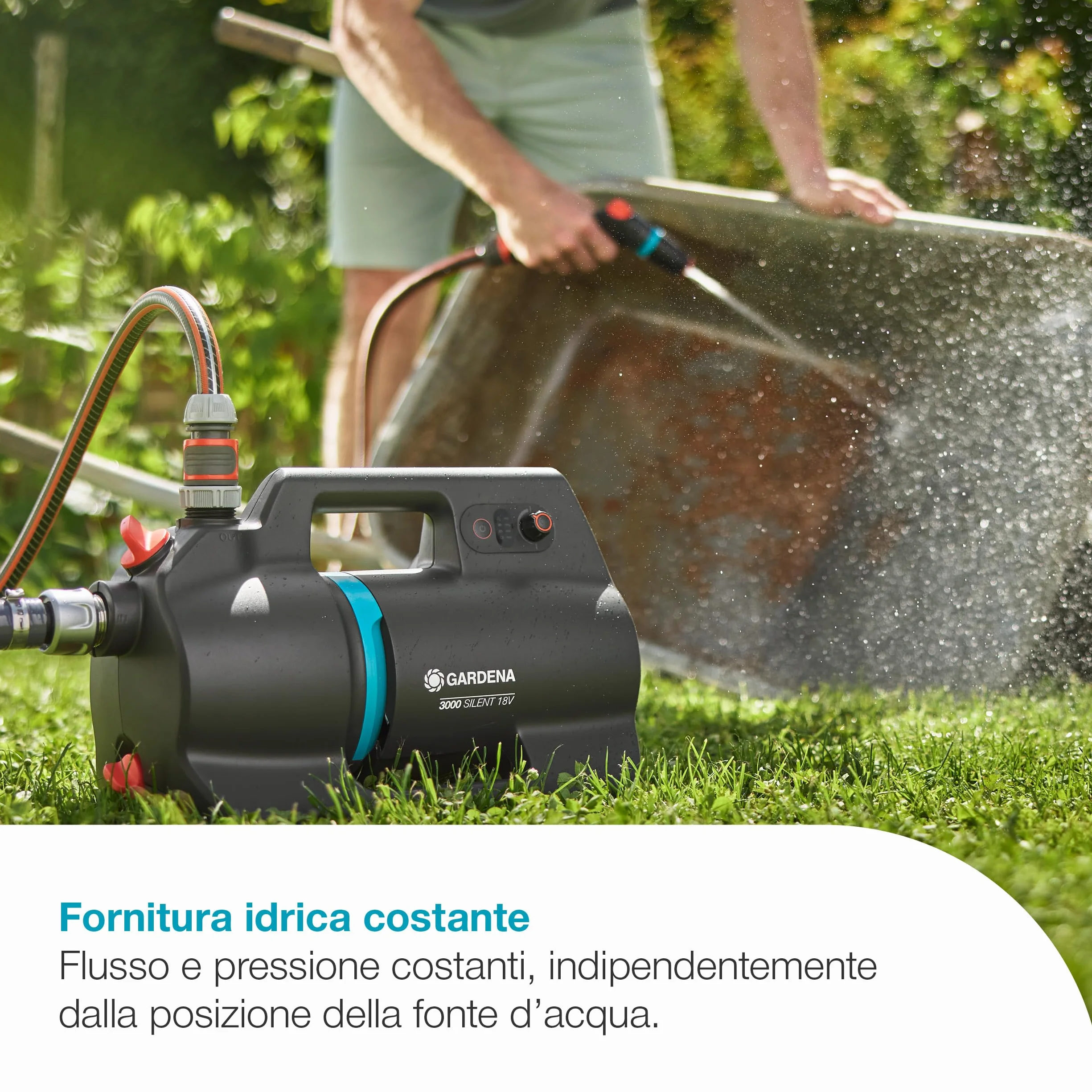 Gardena Pompa Da Giardino A Batteria 3000 Silent 18V P4A Set Pronto All'Uso: Potente, Funzionamento silenzioso, Scocca resistente alla pioggia e ai raggi UV (14610-20)