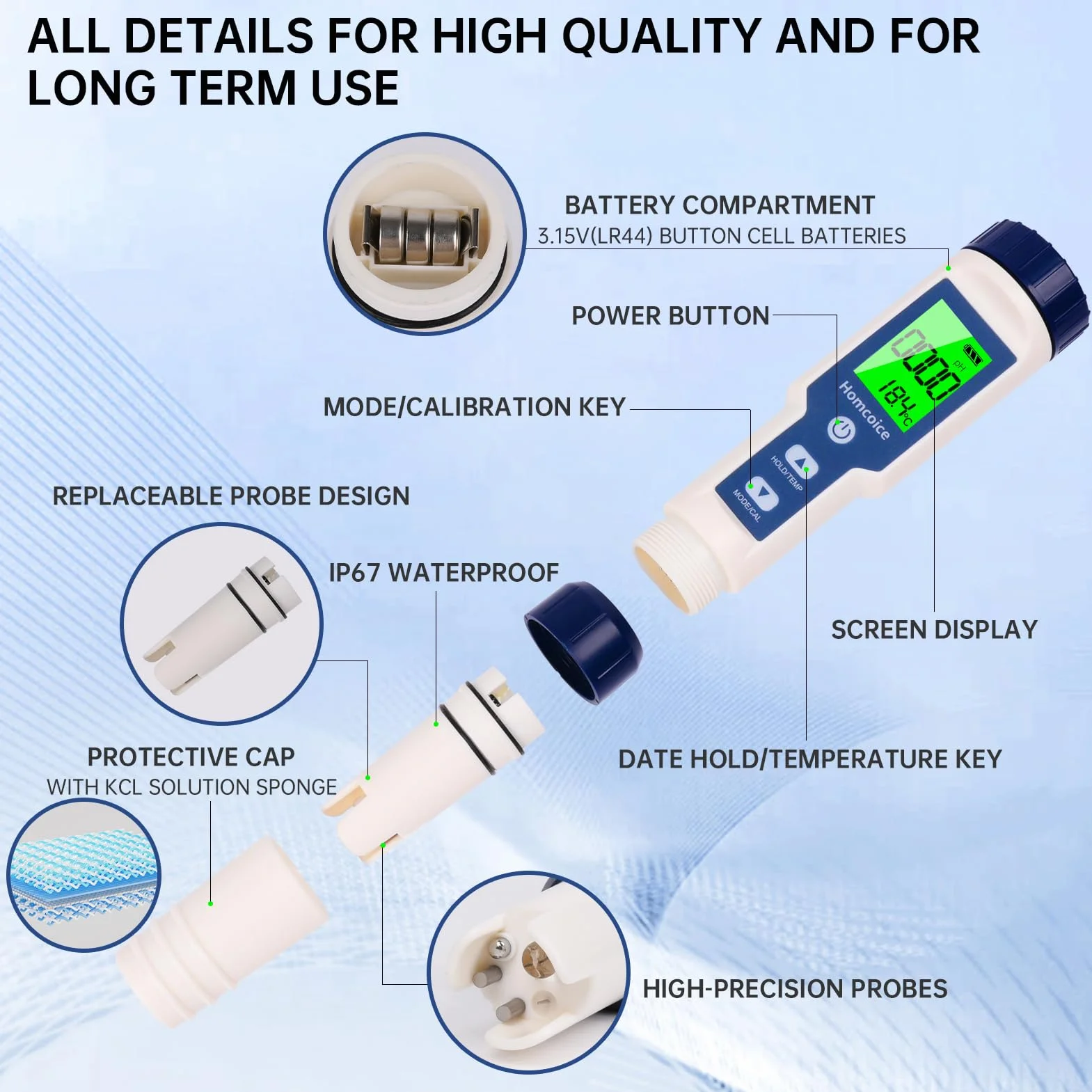 Misuratore pH digitale 7 in 1, professionale PH TDS EC SALT ORP S.G Temperatura Meter, Tester Qualità Acqua d'alta precisione per acquari, piscine, acqua potabile e idroponica