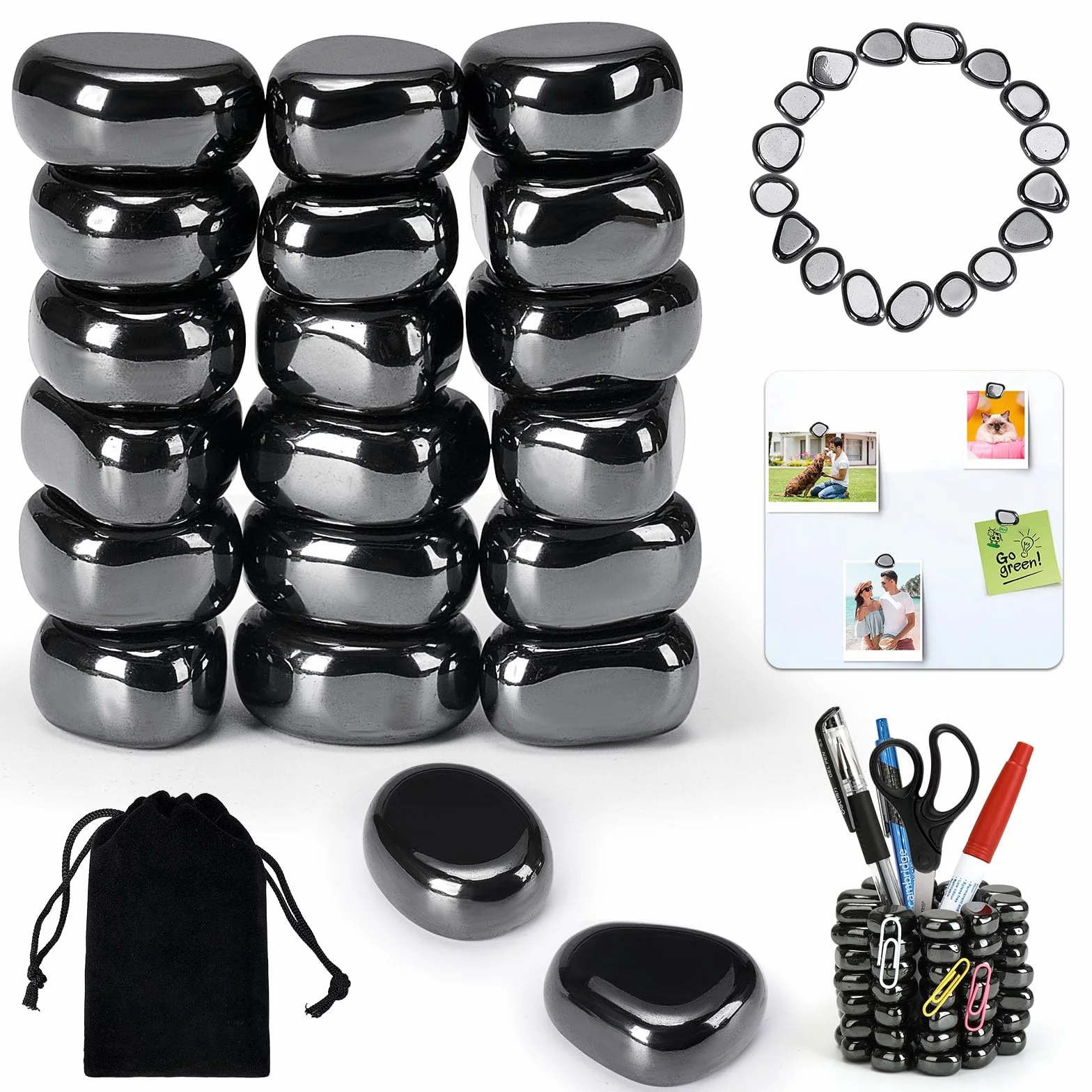 Pietre Magnetiche di Ematite Irregolari 20 Pezzi con Borsa Portaoggetti per Frigorifero Decorazione Anti-Stress Nero