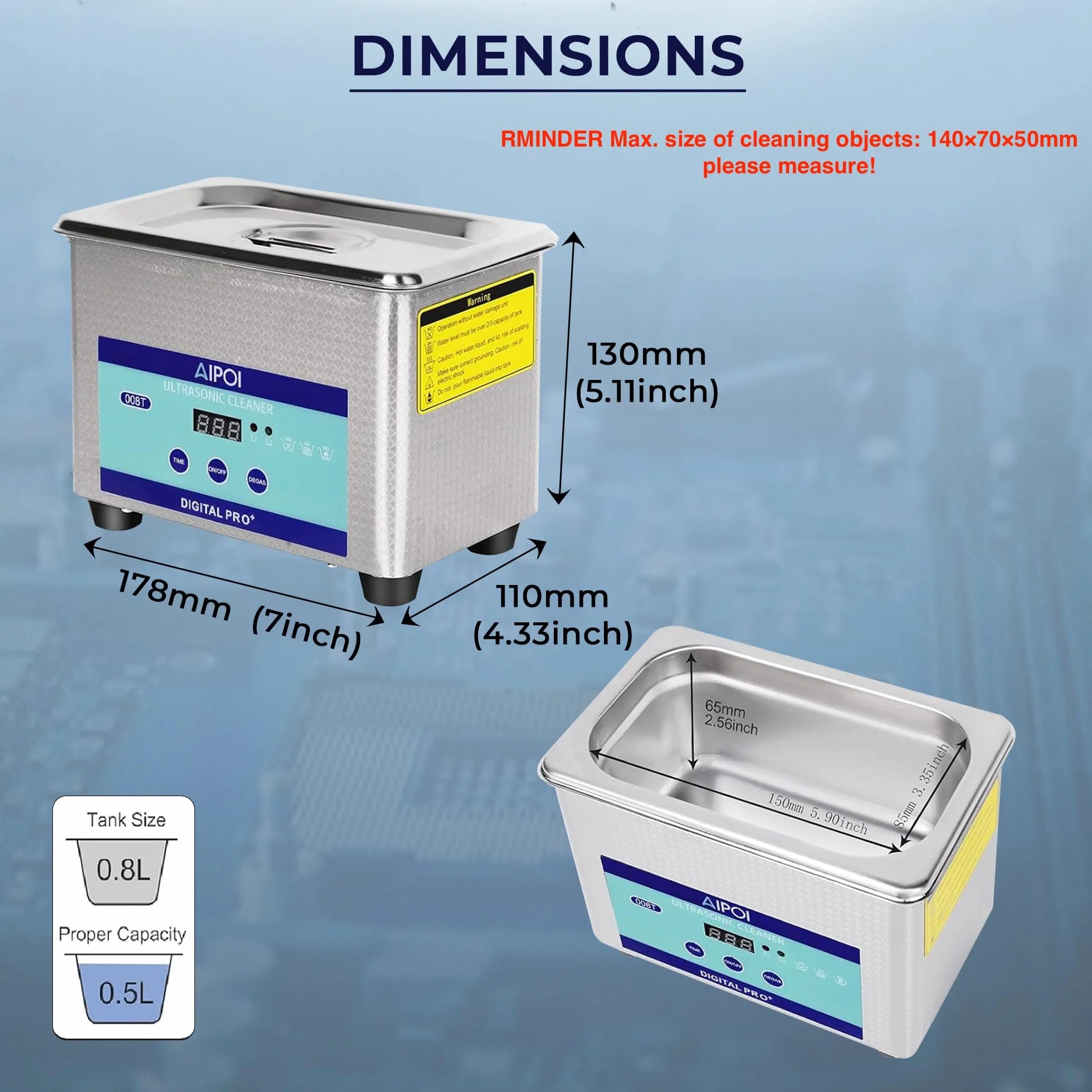 Pulitore Ultrasuoni 0.8L Professionale Pulitore Ad Ultrasuoni con Timer da 30 Minuti, 40 KHz Bagno ad Ultrasuoni per gioielli, argento, occhiali, catena orologio, dentiera, parti, parti
