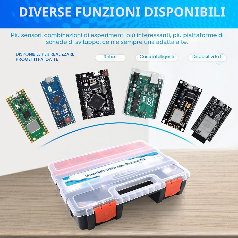GeeekPi Ultimate Starter Kit, compatibile con Arduino UNO, Arduino Mega 2560, ESP32-WROVER, Raspberry Pi Pico W per principianti RPi e ingegneri software, Multi MCU Dev Board, sensori, tutorial