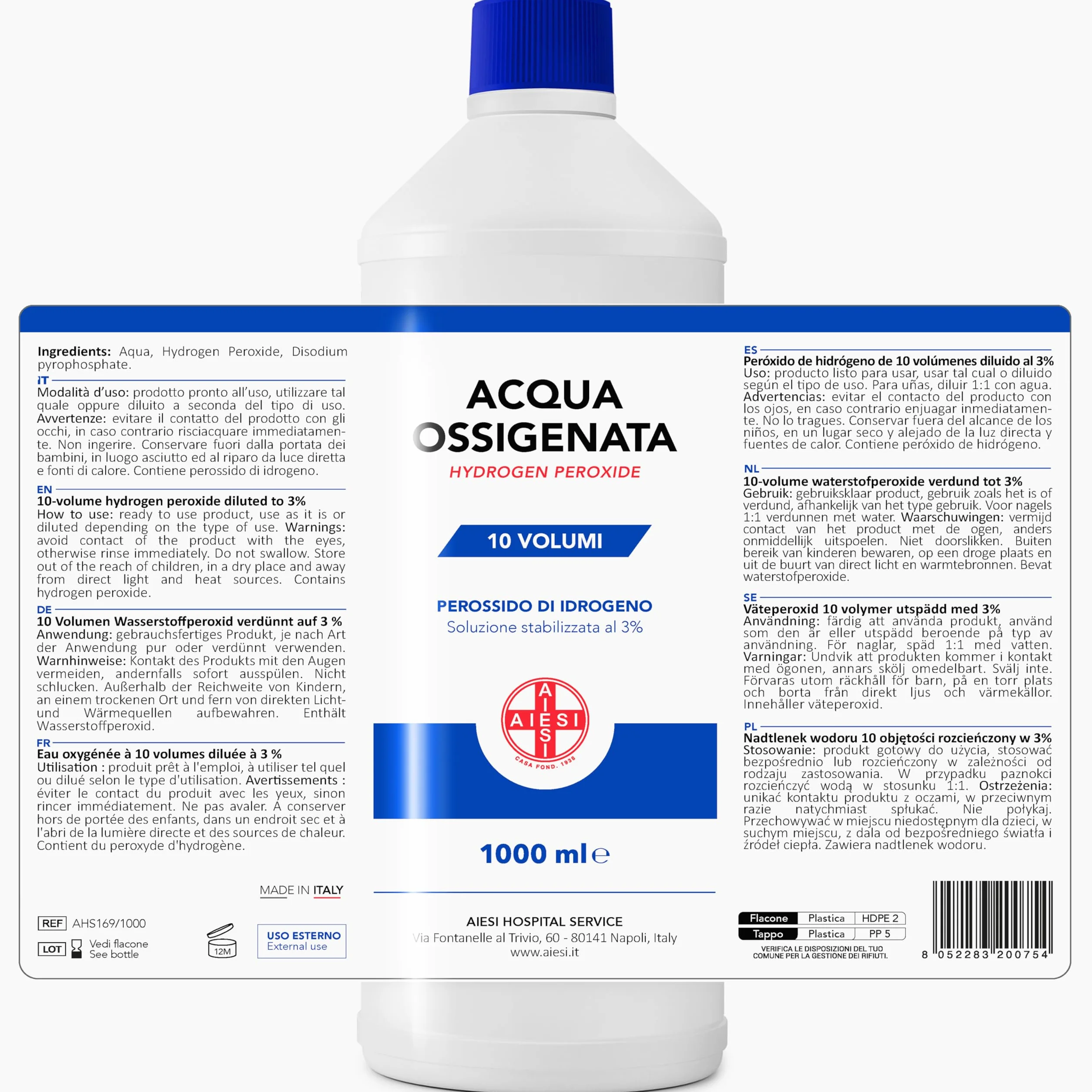 AIESI Acqua Ossigenata F.U. disinfettante 1000 ml con tappo di sicurezza per bambini Made in Italy