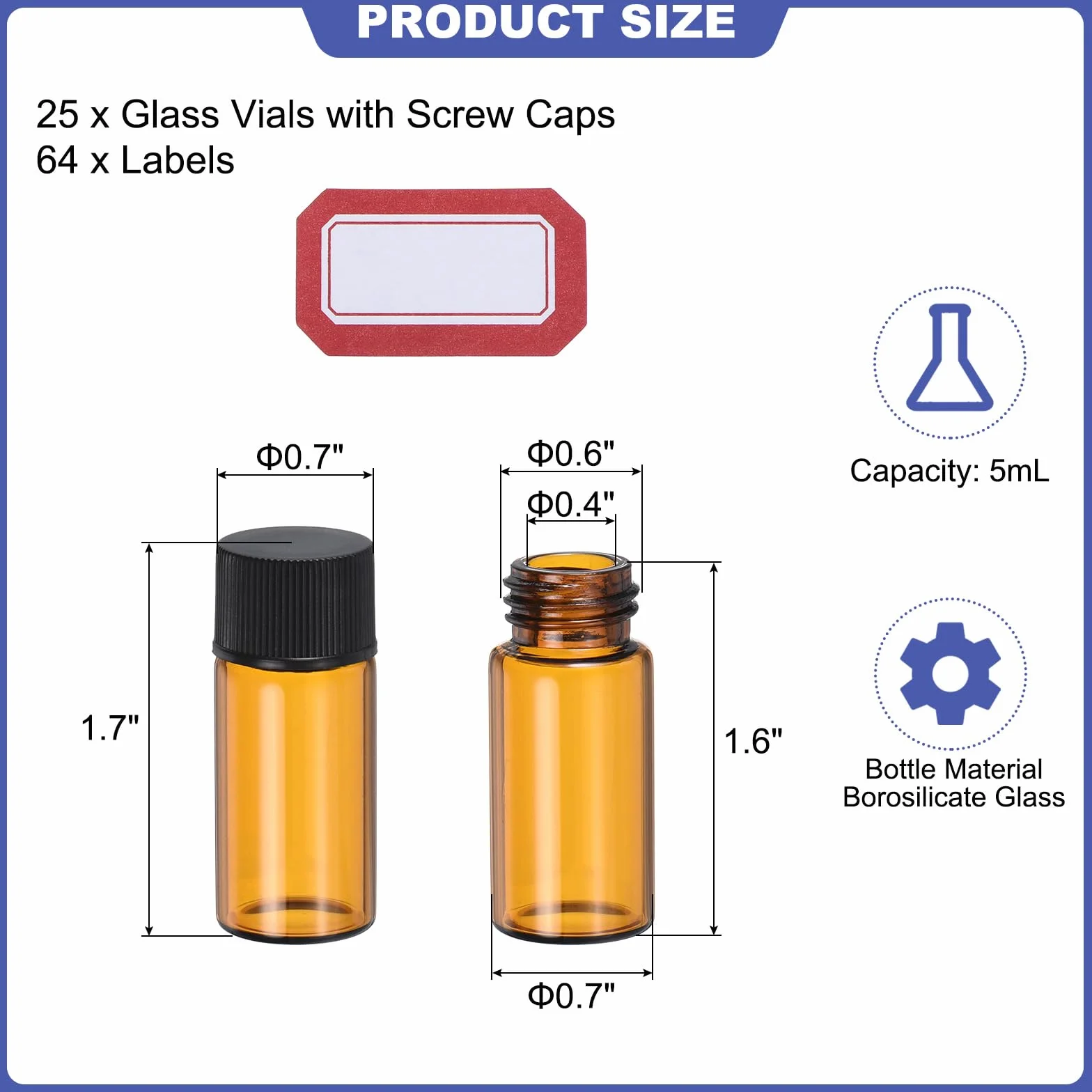 PATIKIL Fiale Vetro Ambrato 5 Ml Pz25 con Tappo a Vite e Area per Scrivere Bottiglia per Reagenti a Tenuta Stagna con Etichette per Laboratorio
