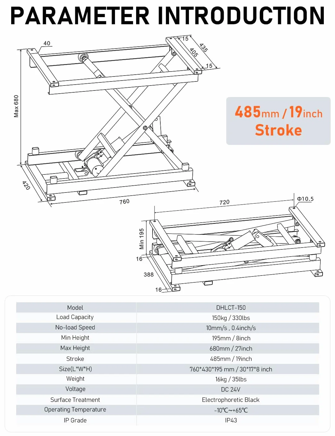 DIHOOL Electric Lifting Tables 150kg Carico, 195-680 mm Altezza Regolabile Forbici Tavolo, Pedal Control