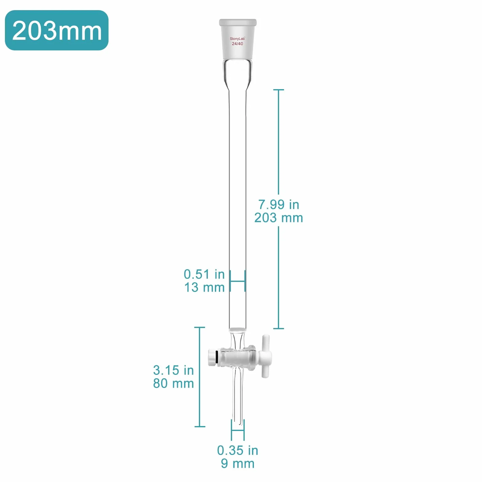 stonylab Colonna di Cromatografia in Vetro Borosilicato con Piastra di Sabbia G2, Diametro Interno 13 mm, Lunghezza Efficace 203 mm, Giunto 24/40