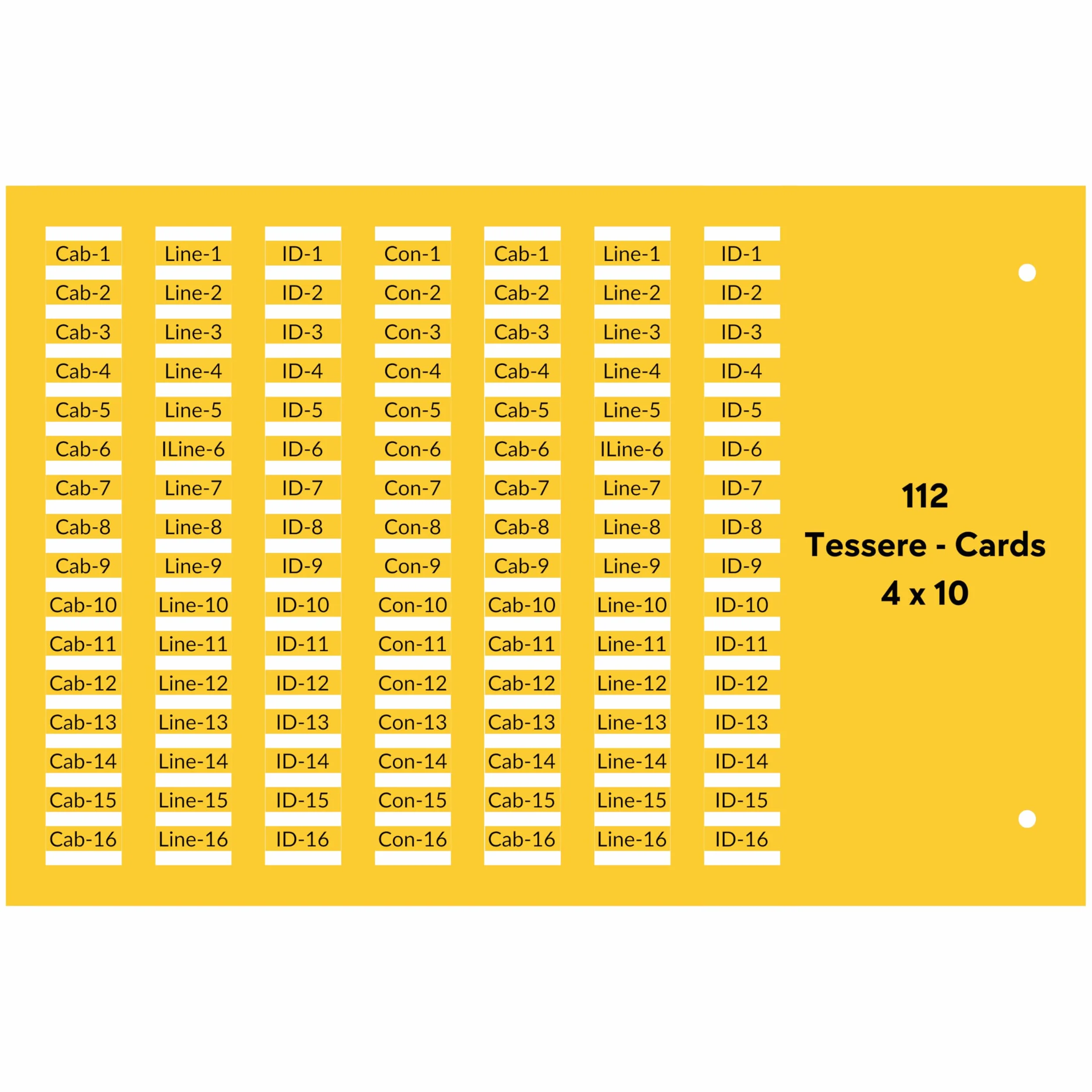 25 Card Targhette Segnacavo 4x10 FLAT 2800 tessere • PVC 0,5 mm (112×25 schede) • Per Tubetti da 0,5 mm • Compatibile con cod. 42040B Cembre • Giallo • RIDOTTO