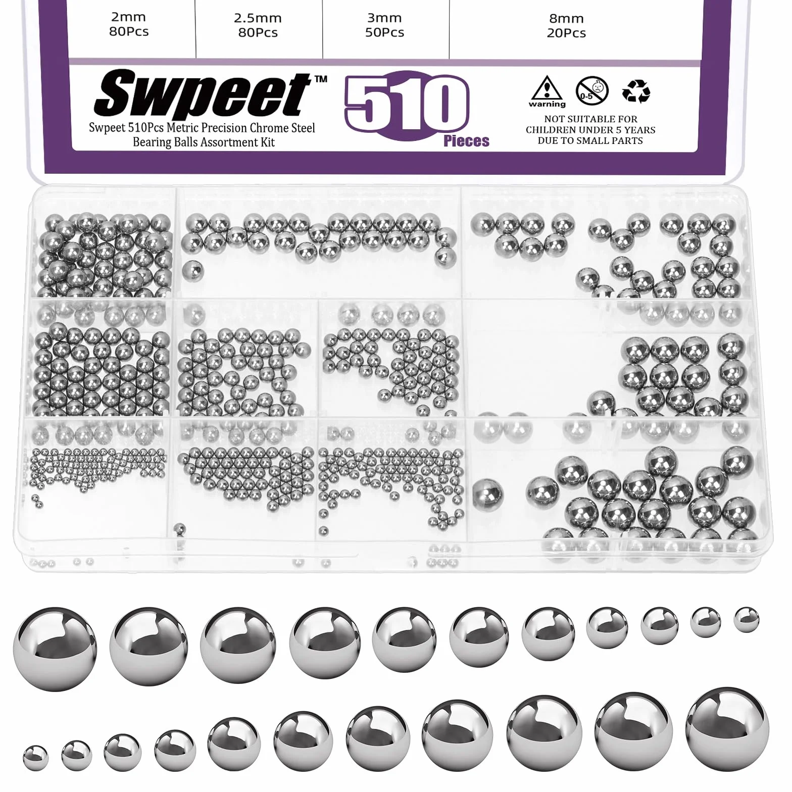 Swpeet 510Pcs Kit assortimento palle di cuscinetto in acciaio cromato metrica 2-8mm per biciclette