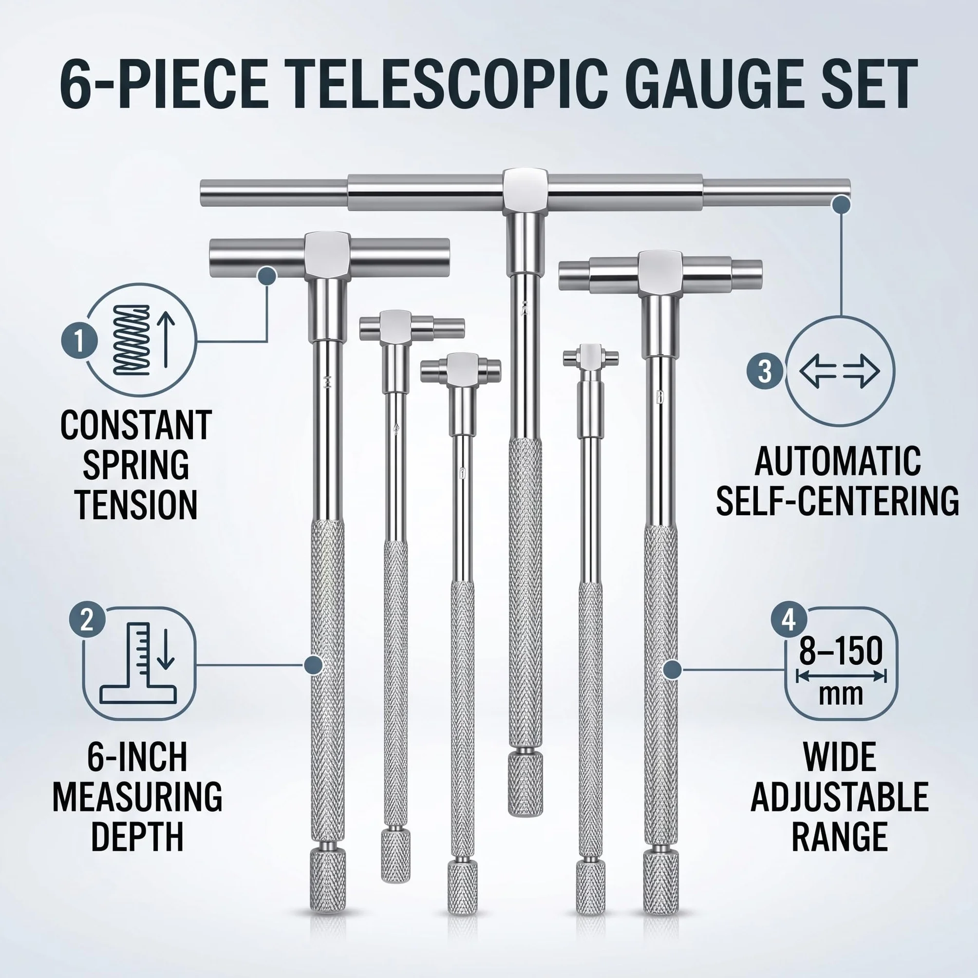 Calibro Telescopico, Set di calibri telescopici da 6 pezzi per la misurazione micrometrica del diametro interno regolabile 8-150 mm