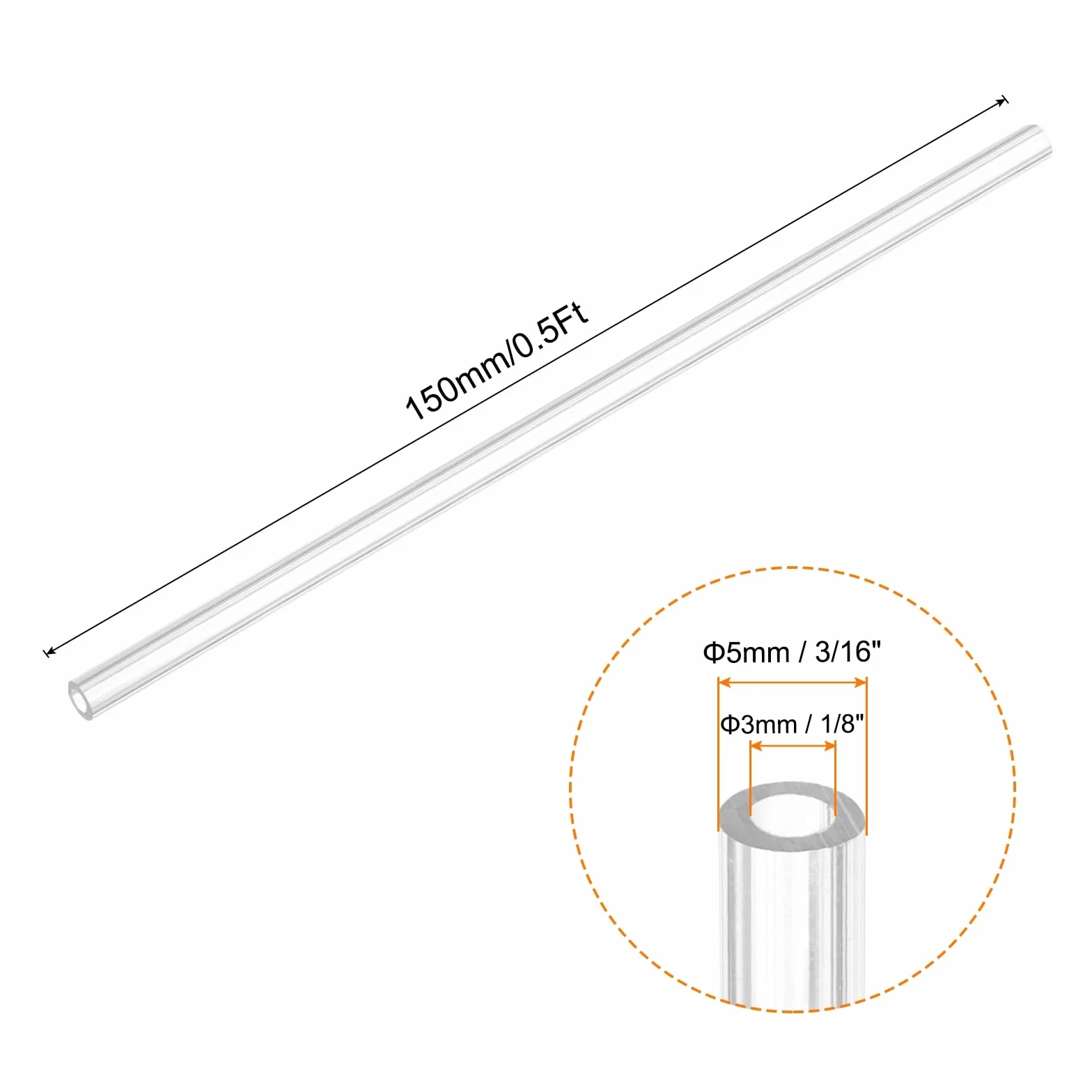 QUARKZMAN Tubo Rigido Rotondo Trasparente 3mm(1/8") ID x 5mm(3/16") OD x 0.5Ft(150mm) Lunghezza Tubo in Plastica