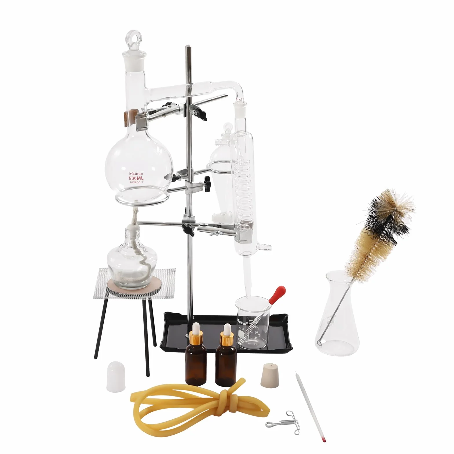 Set di distillazione da laboratorio, 500 ml, distillatore per oli essenziali, dispositivo per esperimenti scientifici, 13 pezzi, distillatore per la casa per creare il proprio olio essenziale