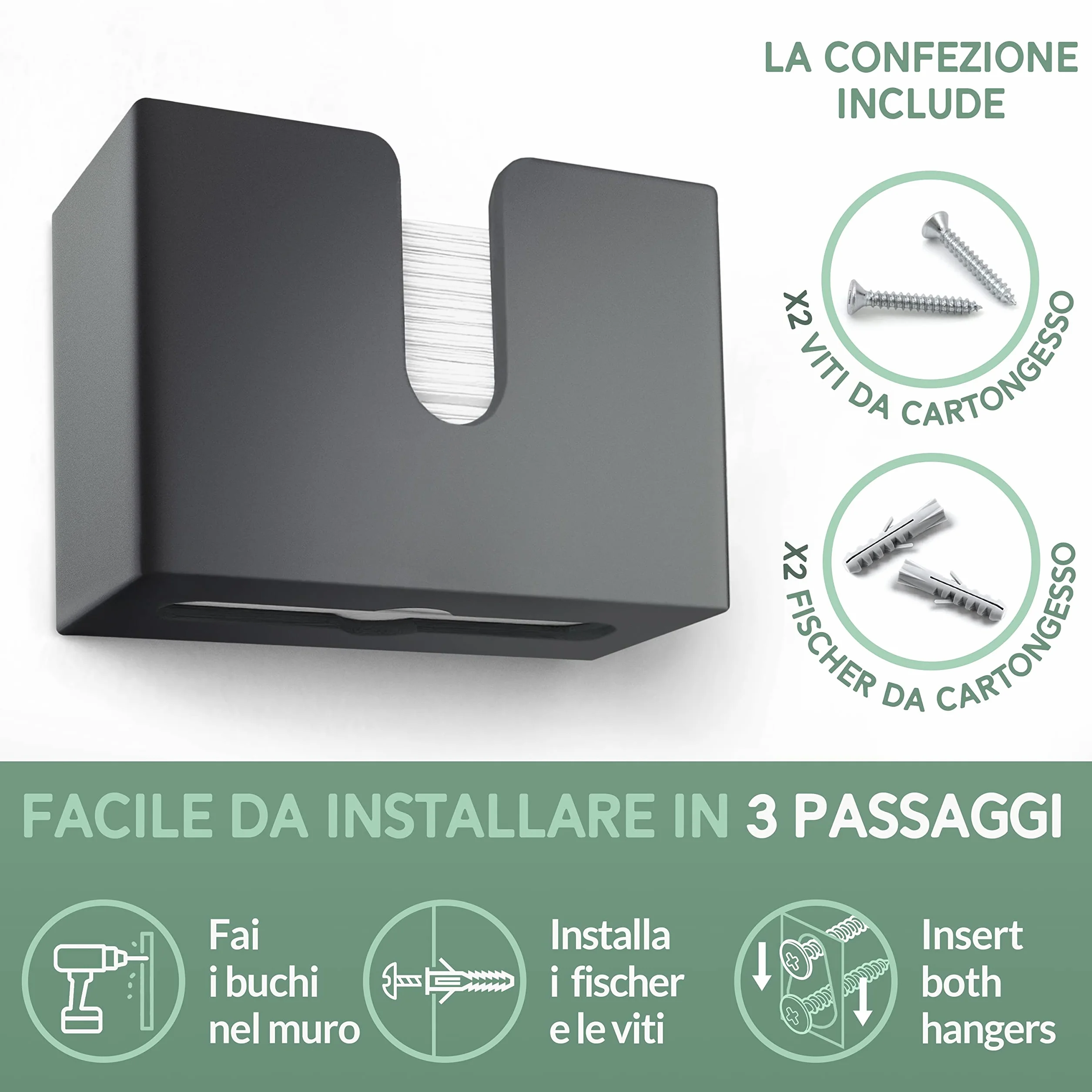 Dispenser per Carta Asciugamani in Legno NATURE SUPPLIES - Porta Salviette da Parete, Bambù Naturale, Nero