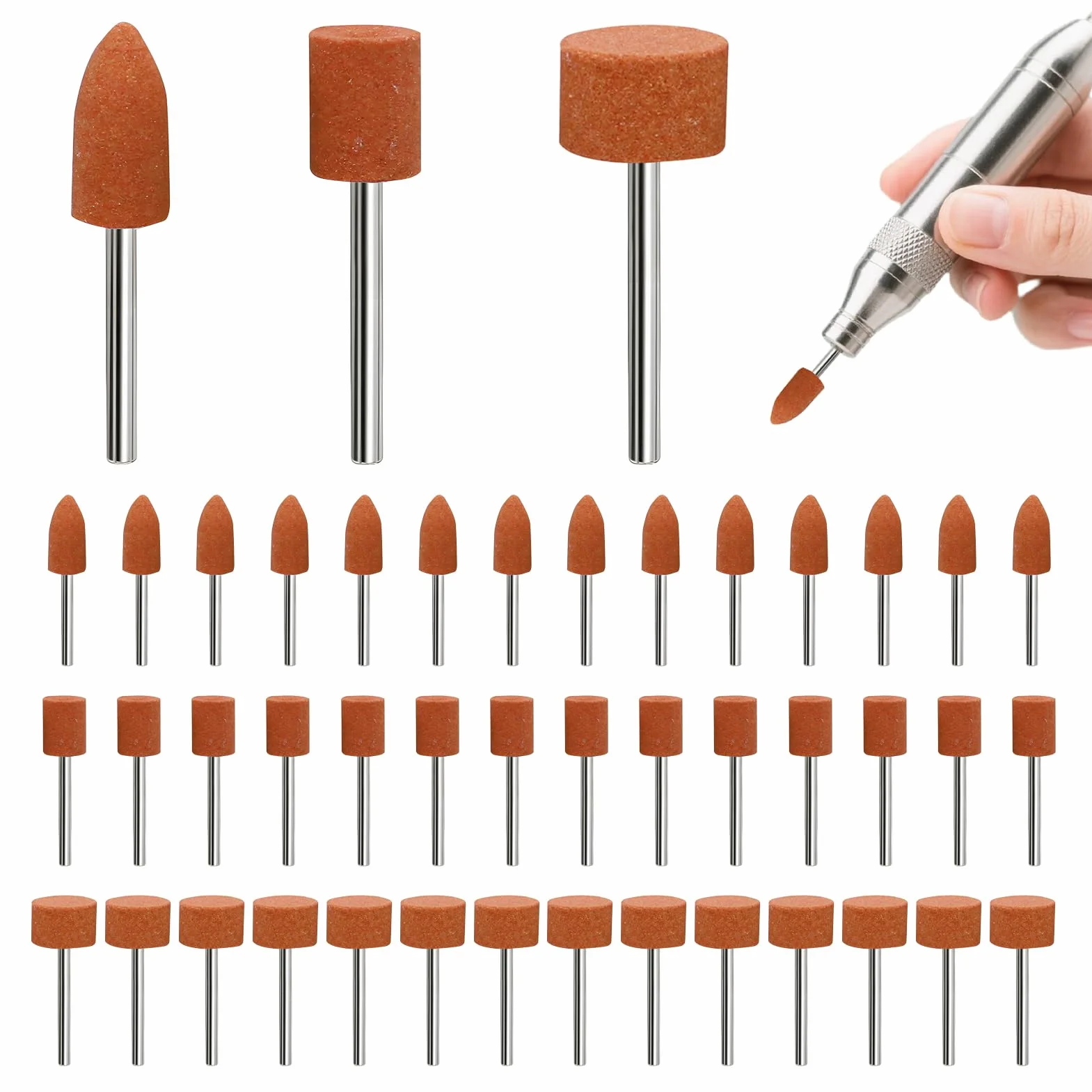 Set di 42 punte abrasive in corindone da 1/8 pollici, testa di lucidatura in pietra, testa di mola, per l'uso su pietre preziose, vetro, metallo e legno, per levigatura, lucidatura, sbavatura