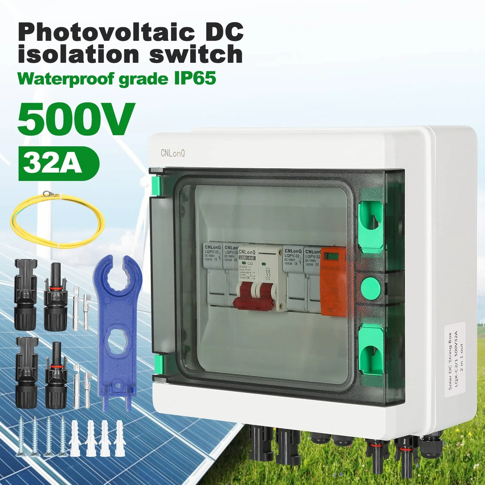 Scatola Combinatrice Fotovoltaica, Scatola combinatrice solare con interruttore automatico 500V 32A Parafulmine e connettore solare, per sistema di pannelli solari On/Off Grid, 2 in 1 out 2