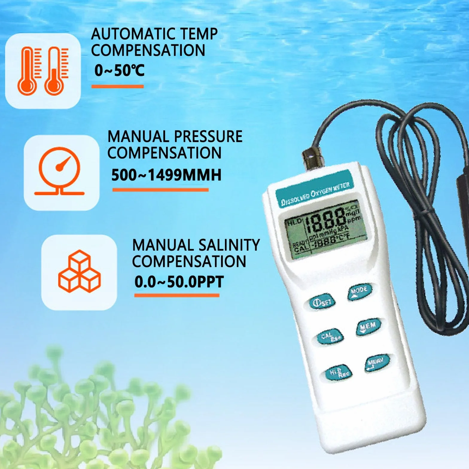 Misuratore di PH Portatile, DO Misuratore Multiparametrico Digitale Grande LCD Disciolto Ossigeno con ATC 99 Funzione di Memoria per Acqua Marina Acquacoltura e Coltivazione
