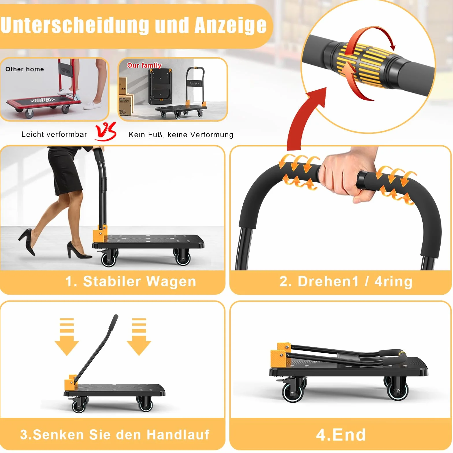 N&S Juvyig - Carrello pieghevole con una sola mano, pieghevole 200 kg