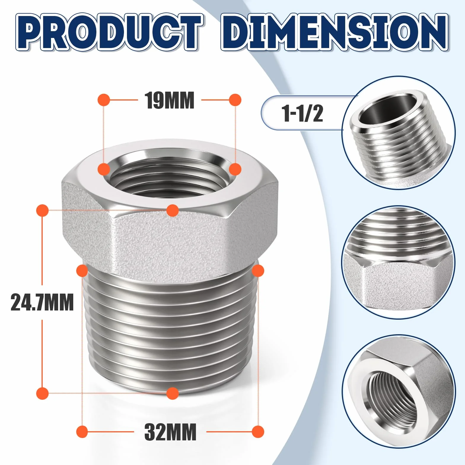 Bwintech 2 Pz da 1/2" femmina a 1" maschio Connettore esagonale inossidabile di riduzione filettatura BSP