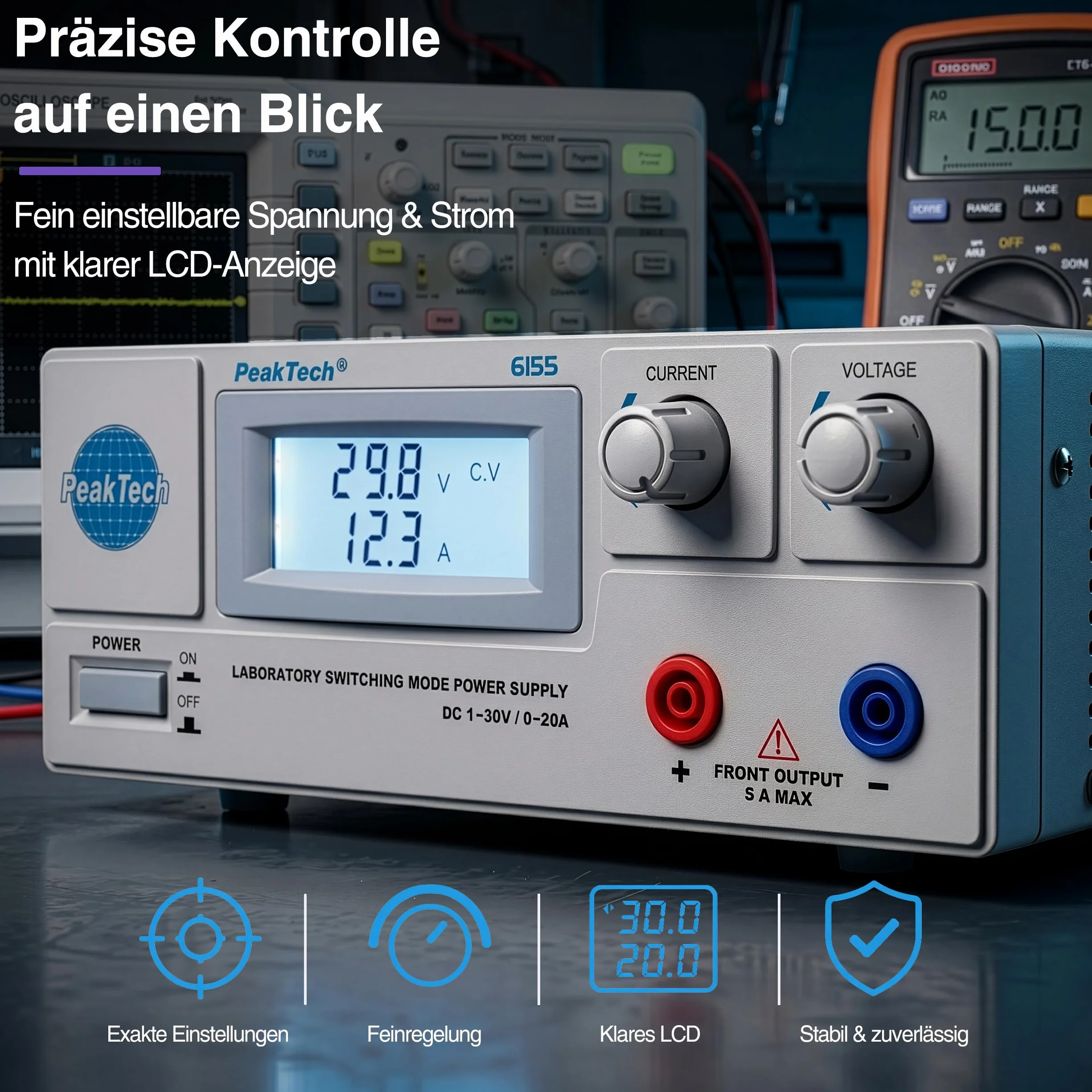 Peaktech 6155 - Alimentatore da Laboratorio Digitale Dc 1-30 V/0-20A, Schermo LCD, Alimentatore a Commutazione Affidabile, Protezione Contro le Sovratensioni, Uscita: 600 W - 214 x 87 x 336 mm
