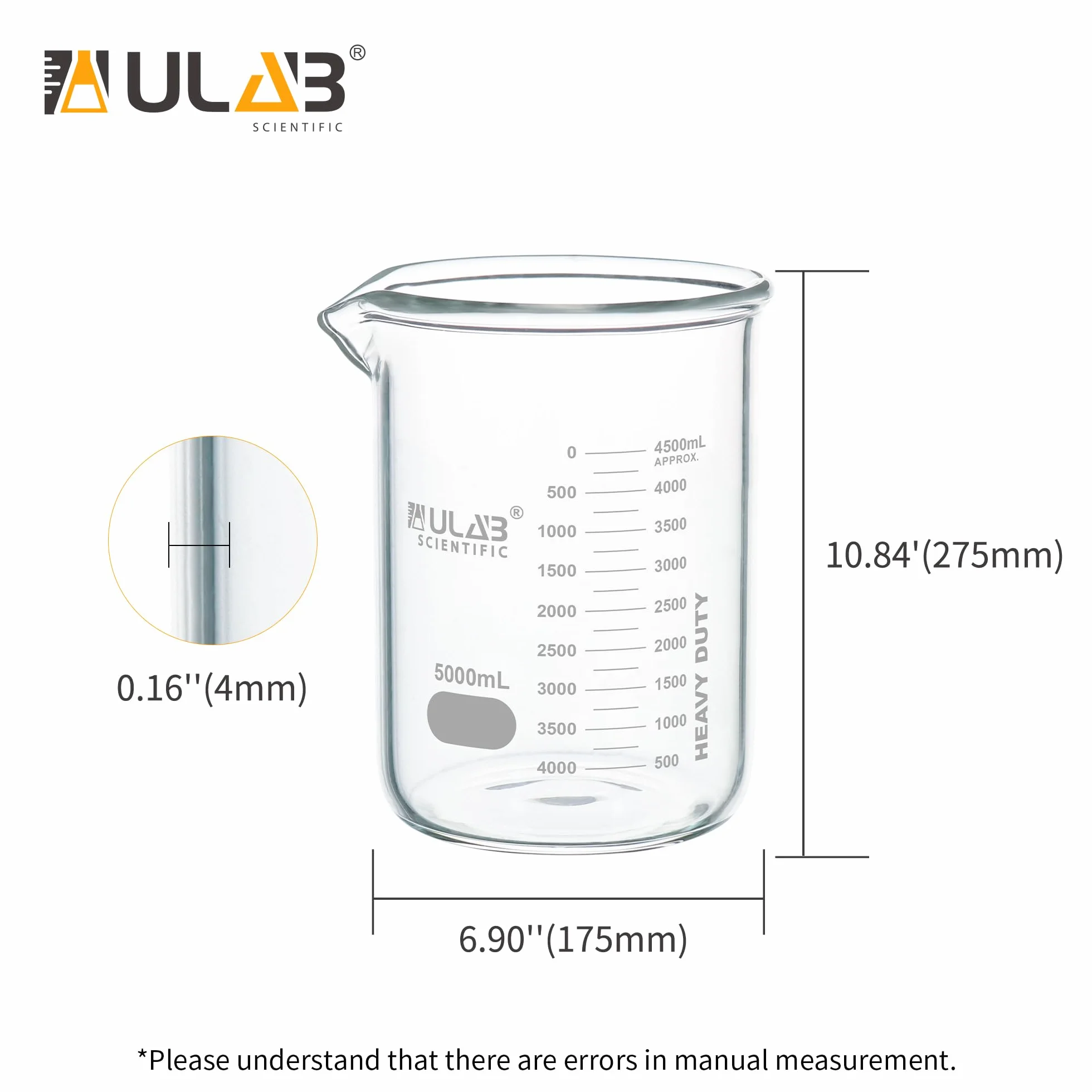 ULAB Bicchiere in vetro a bassa forma, Vol.5000ml, Vetro borosilicato 3.3, graduazione stampata, UBG1024