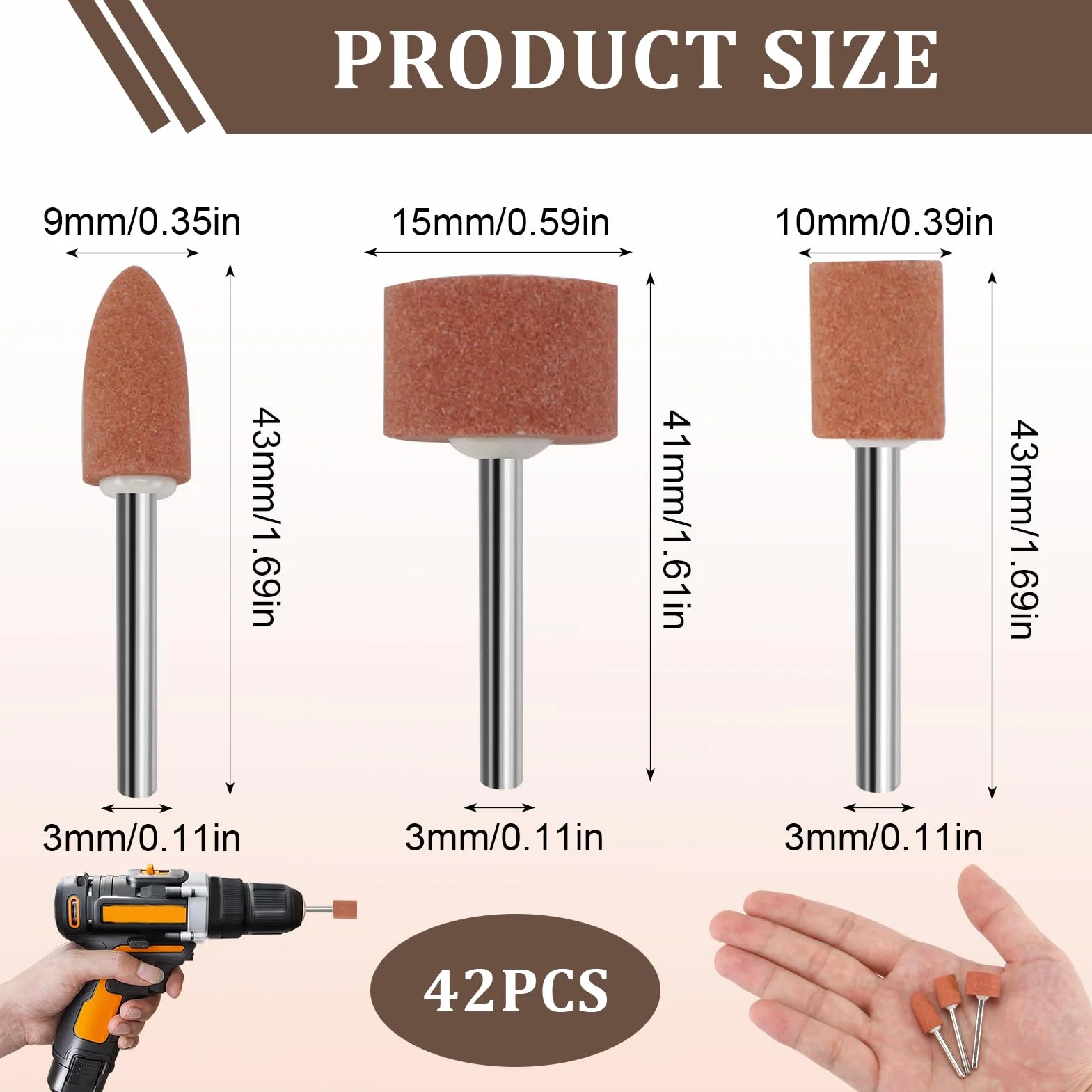 42 Pezzi Accessori per Smerigliatura in Ossido di Alluminio con Gambo da 1/8", Compatibili con Utensili Rotativi, per Affilare, Levigare e Rimuovere su Metalli e Legno