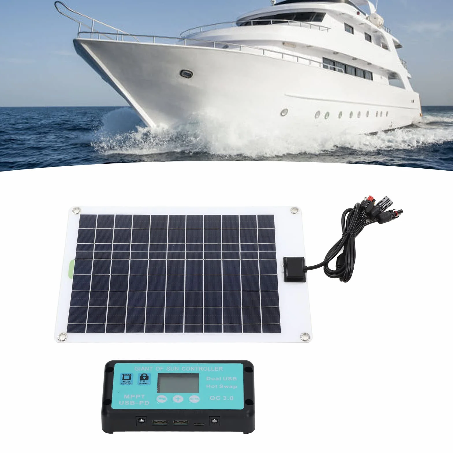Kit Pannello Solare da 50 Watt 12V, Caricabatteria Portatile da Pannello Solare Impermeabile con Controller MPPT 100A per Rimorchio Veicolo Barca Marina Batteria da 12 Volt