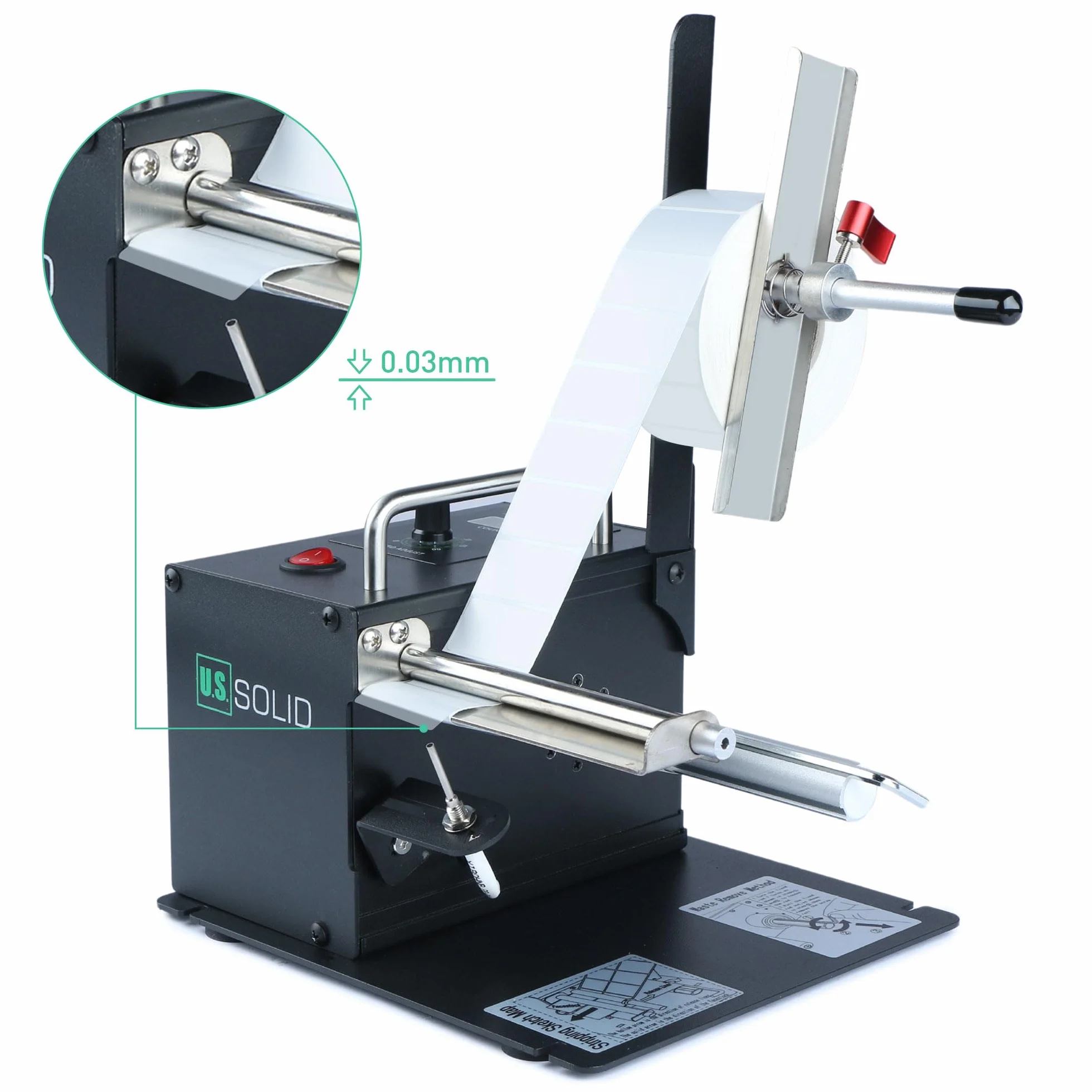 U.S. Solid Distributore automatico di etichette con contatore – Velocità regolabile, larghezza 10–115 mm, lunghezza 8–130 mm, per etichette trasparenti e opache