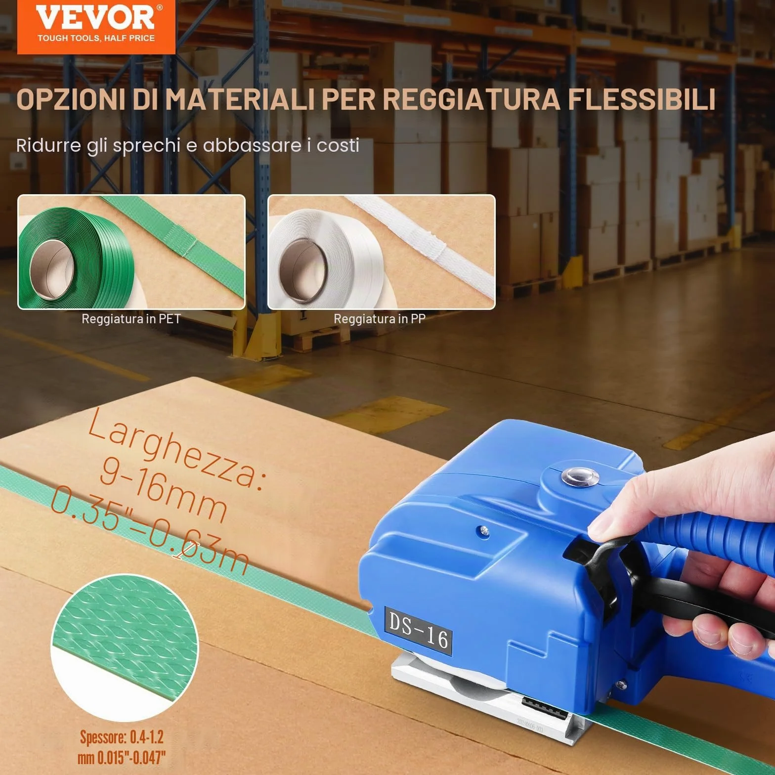 VEVOR Reggiatrice Elettrica 0,89-1,6 cm Tendireggia Elettrica per Reggette PP PET, con Schermo Digitale, 2 x 5000 mAh Reggiatrice Automatica Alimentata a Batteria per Pallet di Scatole da Imballaggio