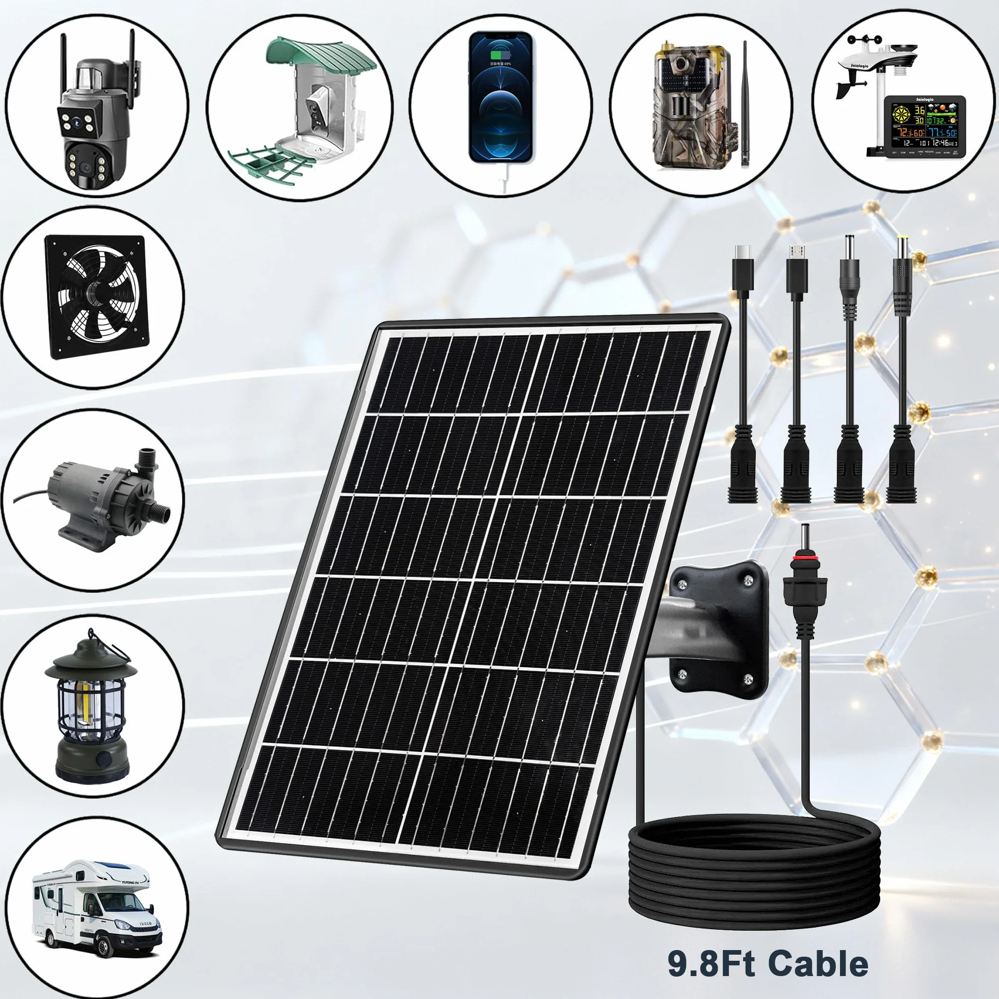 Kit di pannello solare 15 W con batteria integrata 16000 mAh Tensione: 5 V/6 V/9 V/12 V Corrente: 1,5 A Caratteristiche USB-C, Micro-USB e DC 2,1/1,7/1,35 mm Compatibile con tutte le telecamere di
