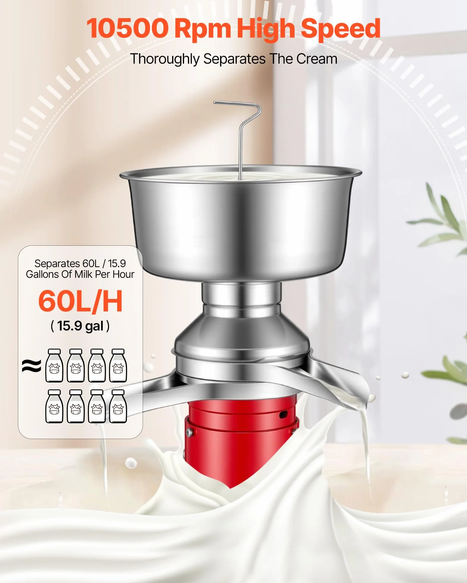 VEVOR Separatore di Latte Elettrico 40 W Centrifuga per Latte Elettrica 60 L/h Controllo a Pulsante, Separatore Panna 10500 giri/min Acciaio Inox 304 Centrifuga Panna con Serbatoio da 4,5 L da Cucina