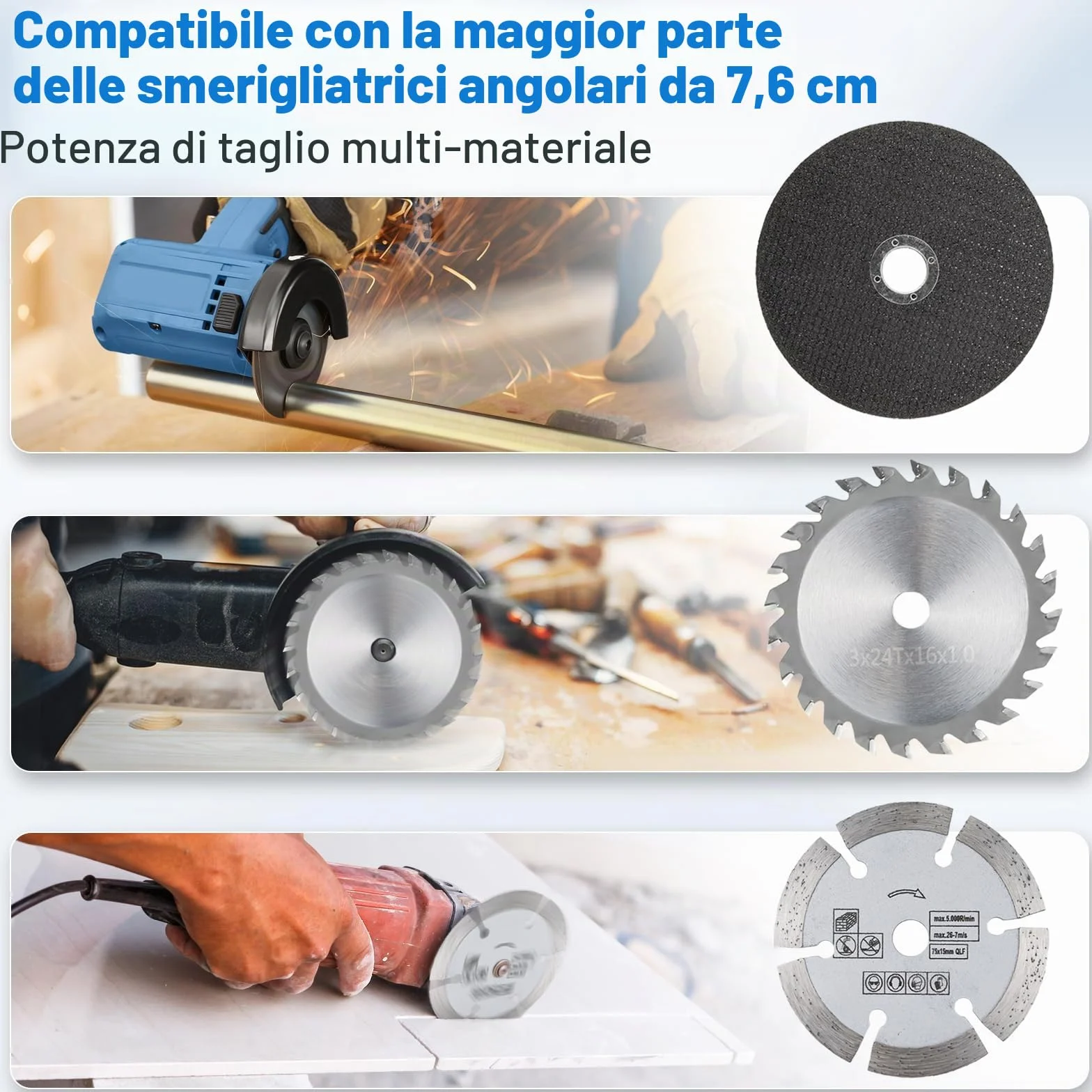24 pezzi Dischi da Taglio 75mm per Smerigliatrice Angolare – Dischi Abrasivi, Polishing, Mezzatura per Metallo, Legno e Plastica, Accessori con Foro da 10mm