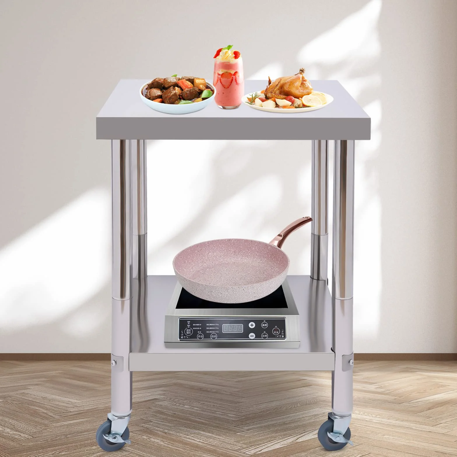 Tavolo da lavoro in acciaio inox, carrello servizio 60x60 cm, 2 livelli, 300 kg, adatto per cucine, hotel, panetterie, ristoranti