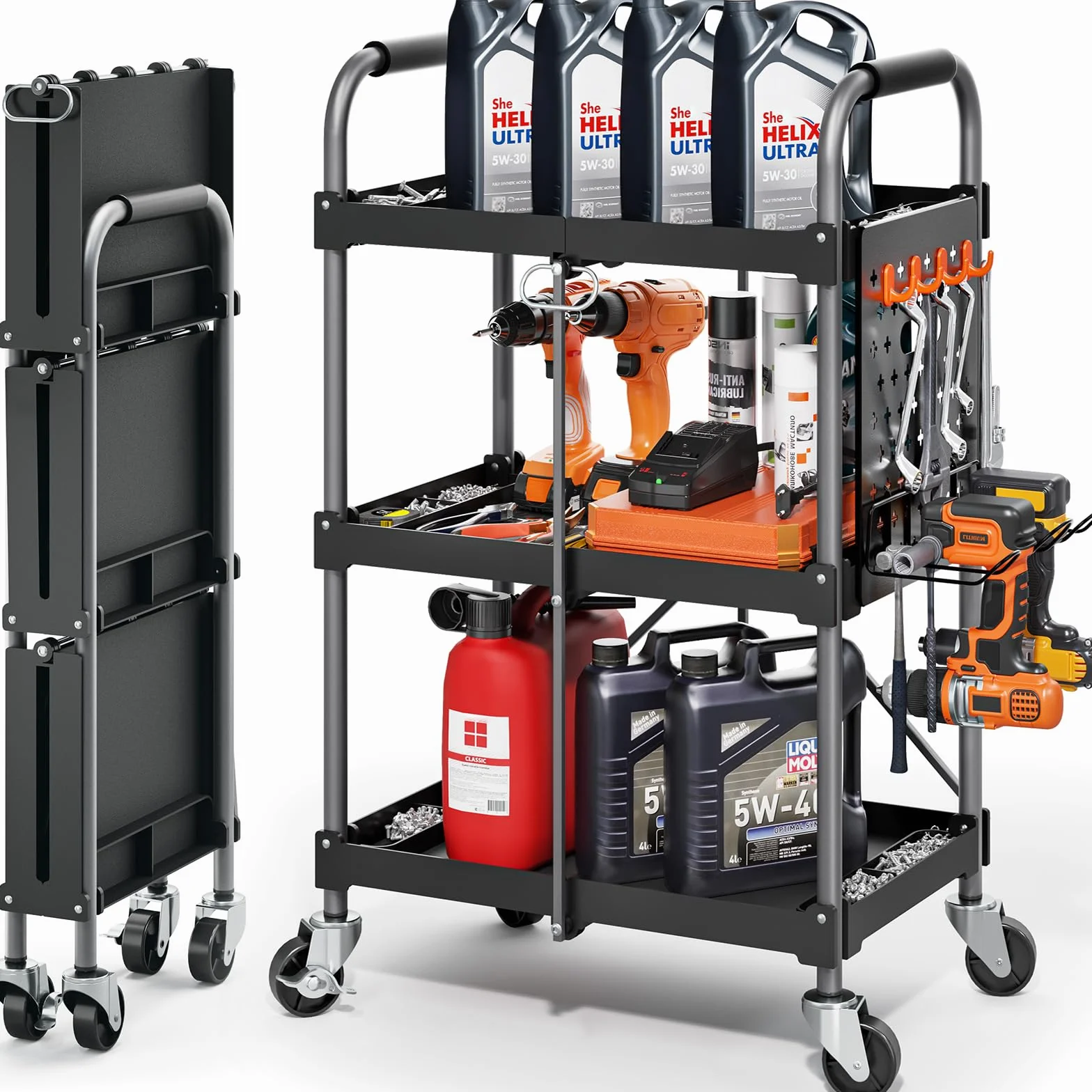 KINGRACK Carrello di Servizio Pieghevole a 3 Ripiani con Ruote e Maniglia Ergonomica, Carrello Portautensili Multiuso, Carrello Porta Attrezzi, Carrello Portaoggetti Casa Ufficio Garage Officina, Nero