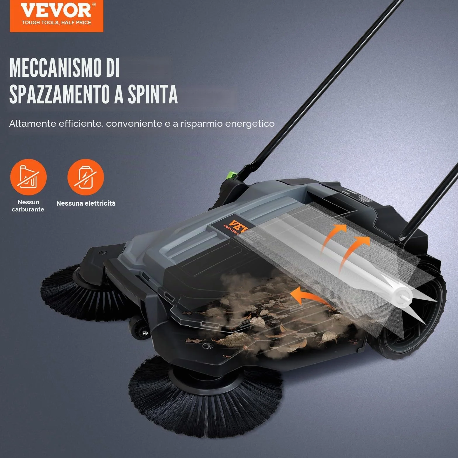 VEVOR Spazzatrice per pavimenti a terra manuale, larghezza 25,6" Spazzatrice per pavimenti manuale, contenitore per rifiuti da 5 galloni, maniglia in angolazione e altezza, cortile, garage, patio