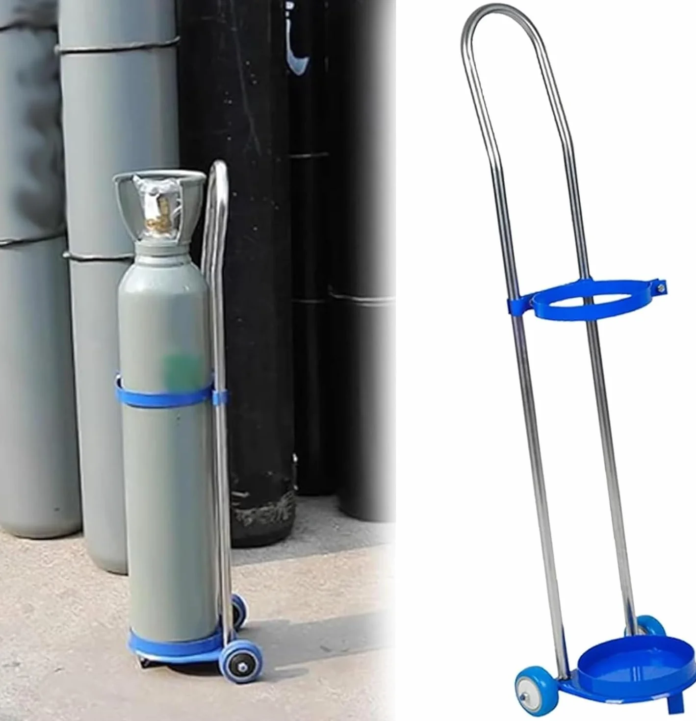 Carrello per serbatoio di ossigeno con anello fisso in acciaio e 2 ruote, carrello cilindrico per serbatoi di diametro 17 cm, altezza regolabile 15 L-95 cm, supporto per serbatoio di ossigeno per uso