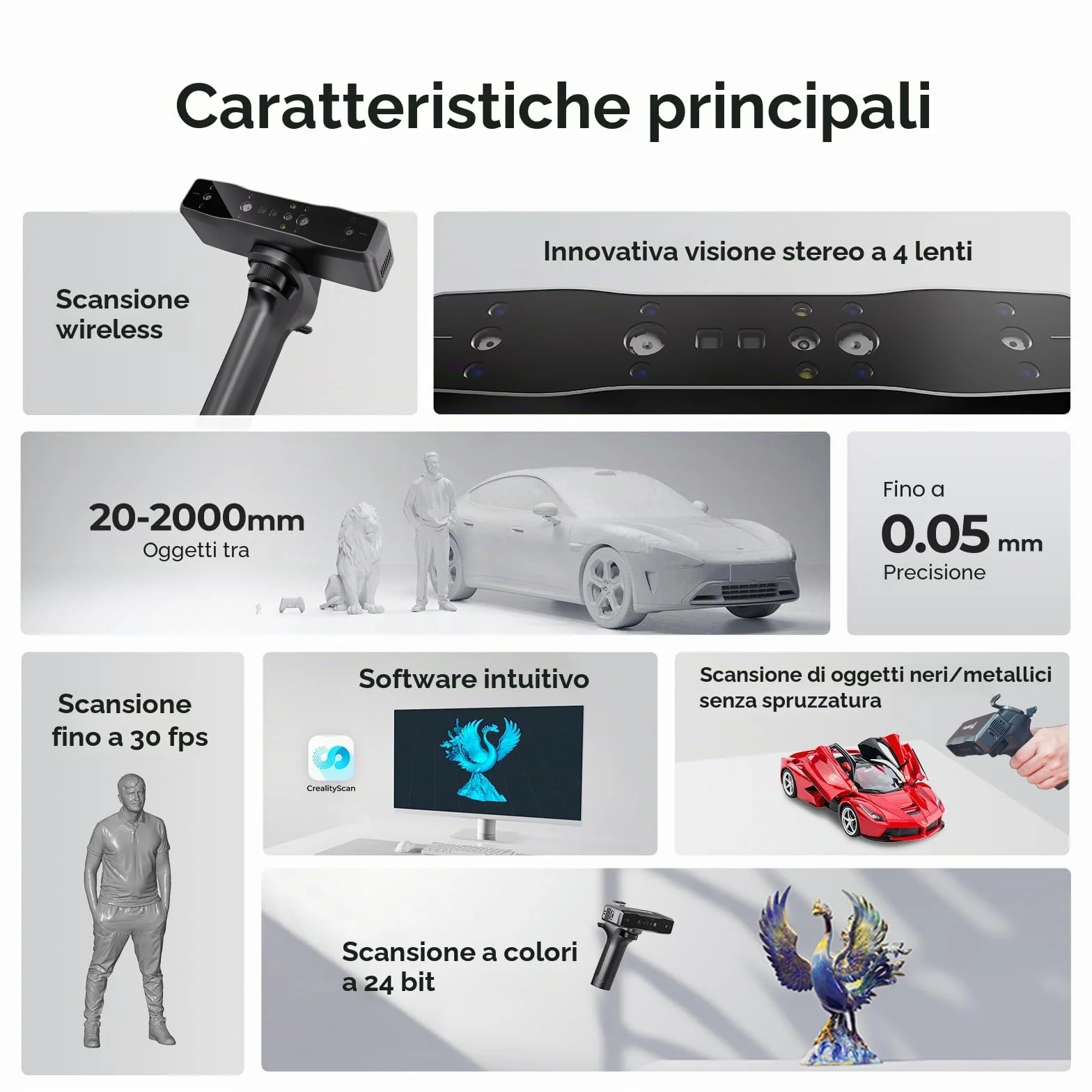 Creality Otter Lite 3D Scanner, Scansione Wireless Wi-Fi 6, Scanner 3D Handheld, Alta Precisione 0,05 mm, Scansione 30 FPS, Compatibilità con Oggetti Dimensioni (da 20 mm³ a 2000 mm³)