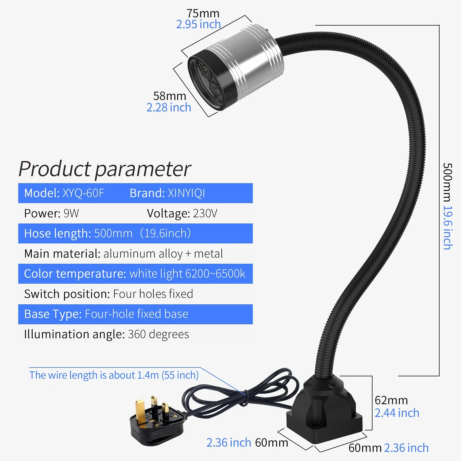 Luce da lavoro a LED, 9 W, 230 V, 500 mm, base fissa, flessibile, per tornio CNC, utensile industriale (spina UK)