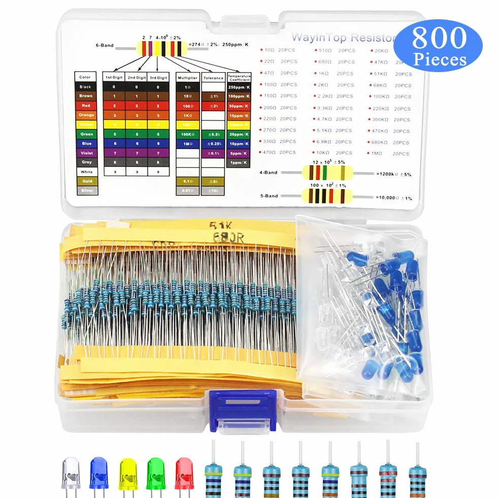 Kit di 5mm LED Diodi & Resistori Elettronici per progetti Arduino, Resistori da 600 Pezzi da 10 Ohm a 1 MOhm con 30 Valori + 200 pezzi 5 mm Diodi a Emissione Luminosa Led