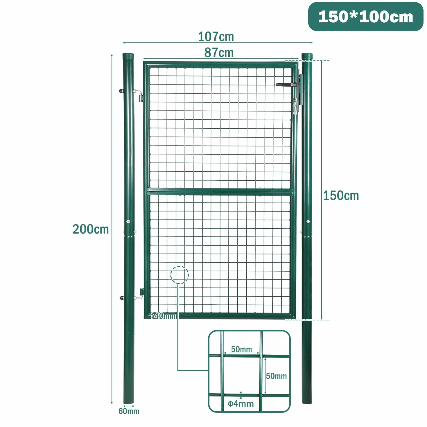 Cancello da giardino, 150 x 100 cm, in acciaio zincato, porta da giardino per recinzione, cancello da giardino, con manico in acciaio inox e 3 chiavi, colore: verde
