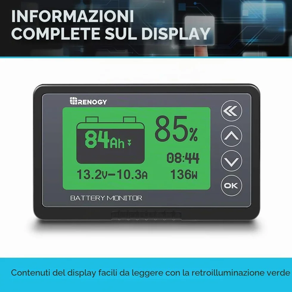 Renogy Batteria 500 A 12 V/24 V/36/48 V, monitor batteria ad alta precisione con allarme programmabile per alta tensione e bassa, compatibile con LiFPO4, AGM, sigillato, gel, batterie bagnate per