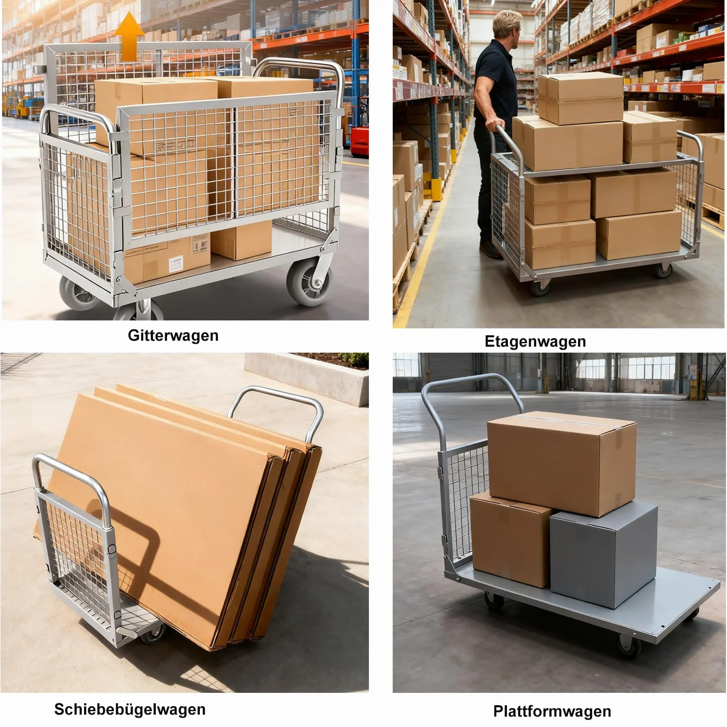 4 in 1 Carrello con Ruote Portatutto 400 kg Griglia Laterale Rimovibile Ruote Girevoli con Freno, Carrello da Trasporto Lavoro Carrelli a Piattaforma Caricatore Pieghevole Industriale