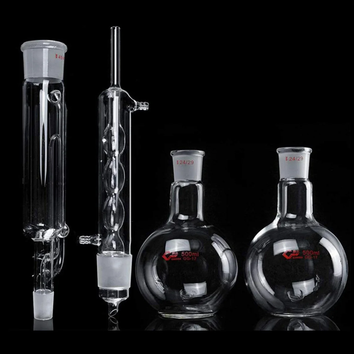 4pcs / Set/Set da 500ml Lab Glass Soxhlet Extractor Consentaster Set con Due Boccette a Fondo Piatto 24/29 305mm 45/40 Tube Lab Kit for Laboratorio