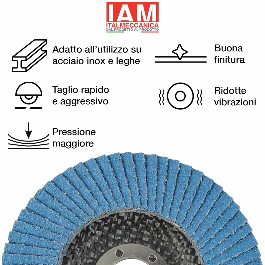 IAM Disco Lamellare Zirconio per Smerigliatrice 115 x 22 mm | Flap Disc Professionale Lamella Singola con Supporto in Fibra di Vetro | Disco Abrasivo per Acciaio Inox e Metallo | Grana 40 | 100 Pezzi