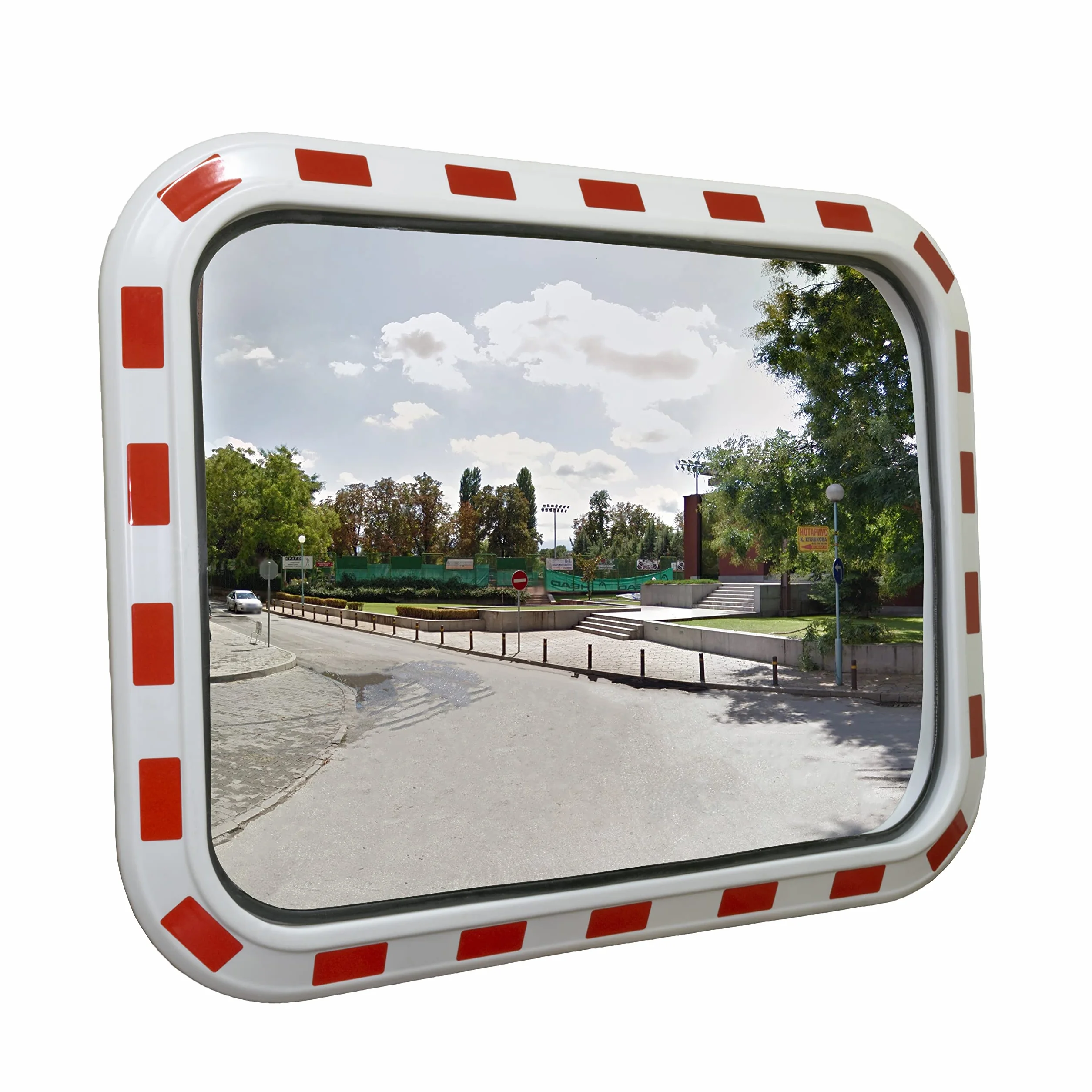 80x60cm Specchio Stradale + set di montaggio - Specchio di Traffico - Specchio Convesso - Specchio a Cupola - Strisce riflettenti rossi
