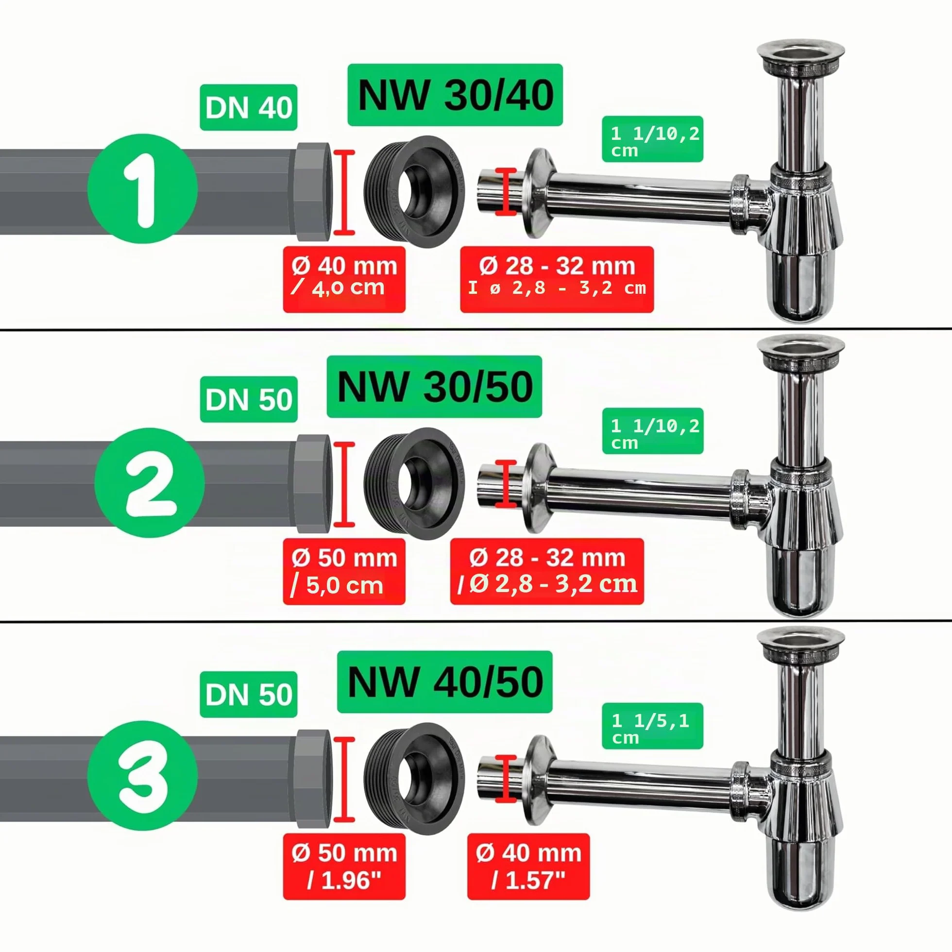 Manicotto Sifone in Gomma DN 30/40 40 mm 1 1/4" Ø 28-32 mm Guarnizione Lavello Ø 45 mm