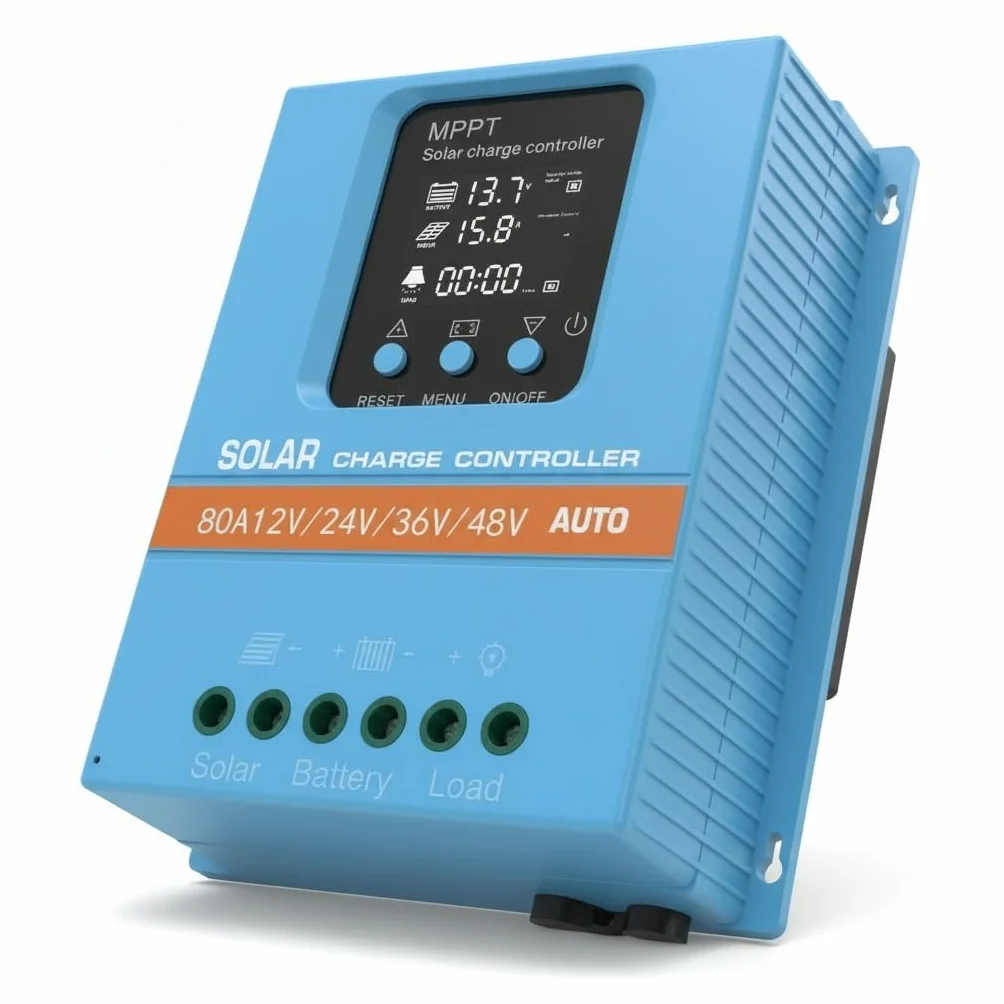 Regolatore di Carica Solare Intelligente 80A MPPT, Rilevamento Automatico 12V/24V/36V/48V, Ingresso PV Max 100V, Display LCD, Doppio USB, per Batterie Piombo/Litio (LiFePO4)