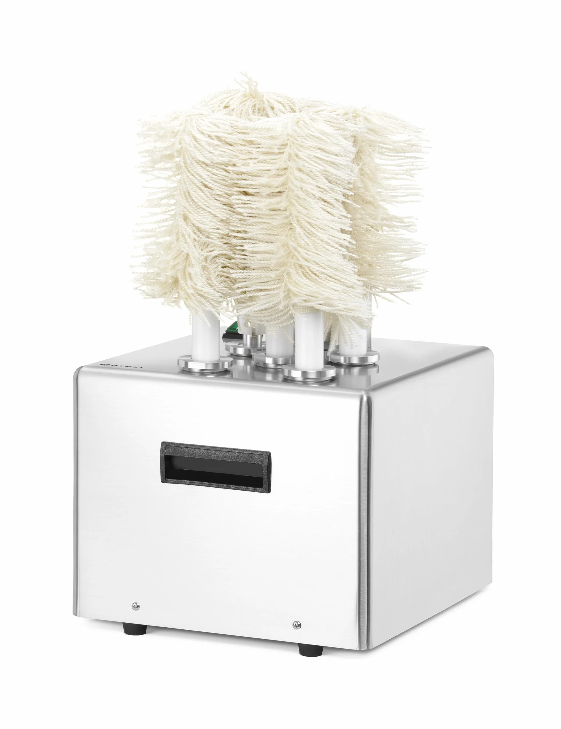 HENDI Lucidatrice per bicchieri in vetro, macchina professionale con 5 spazzole rimovibili per la lucidatura e l'asciugatura di bicchieri in vetro, 220-240V, 50/60Hz, 1350W, 330x305x(H)504mm, inox
