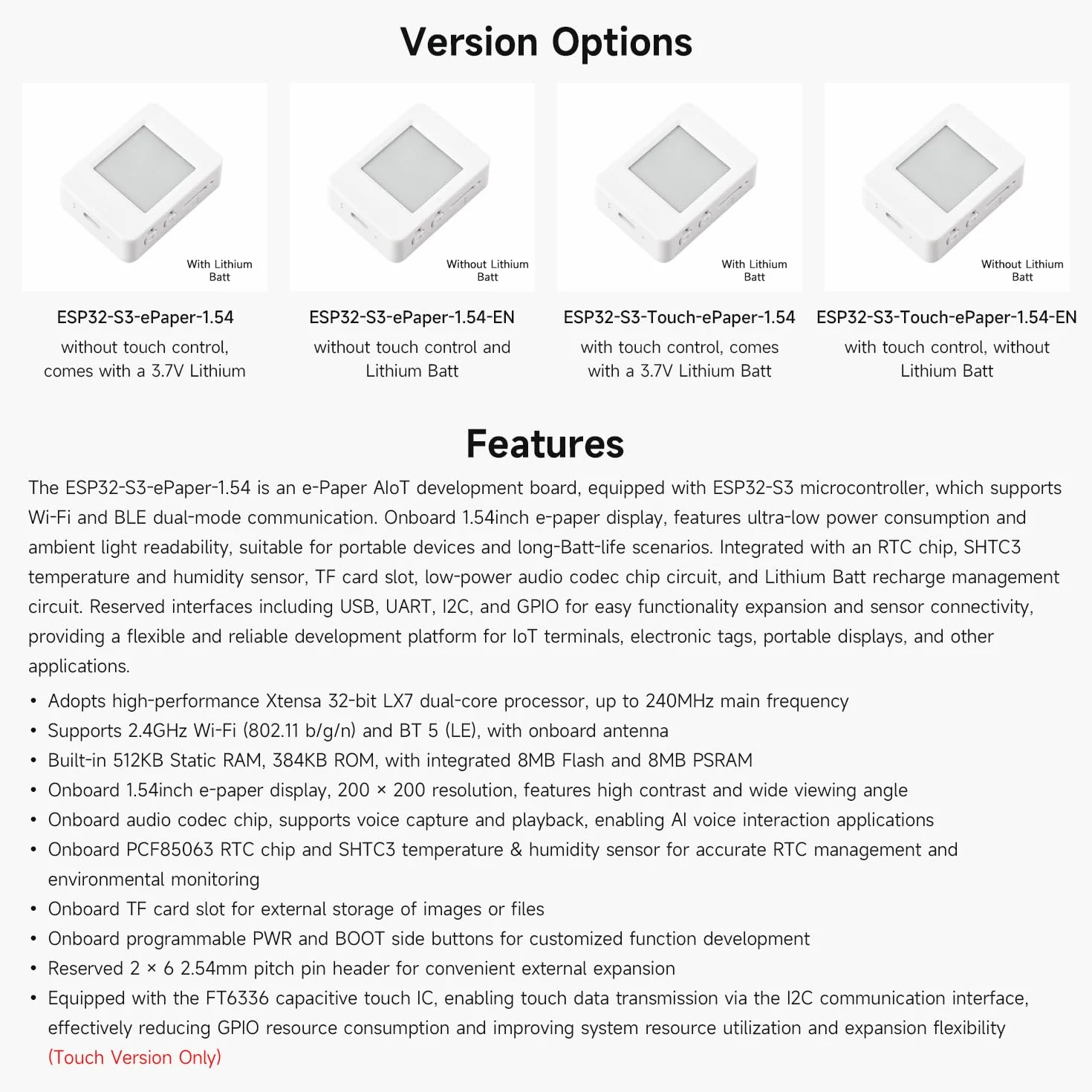 Waveshare ESP32-S3 1.54inch e-Paper AIoT Development Board, 200 × 200, Black/White, Supports Wi-Fi and BLE Dual-Mode Communication, with Touch Function, NO BAT