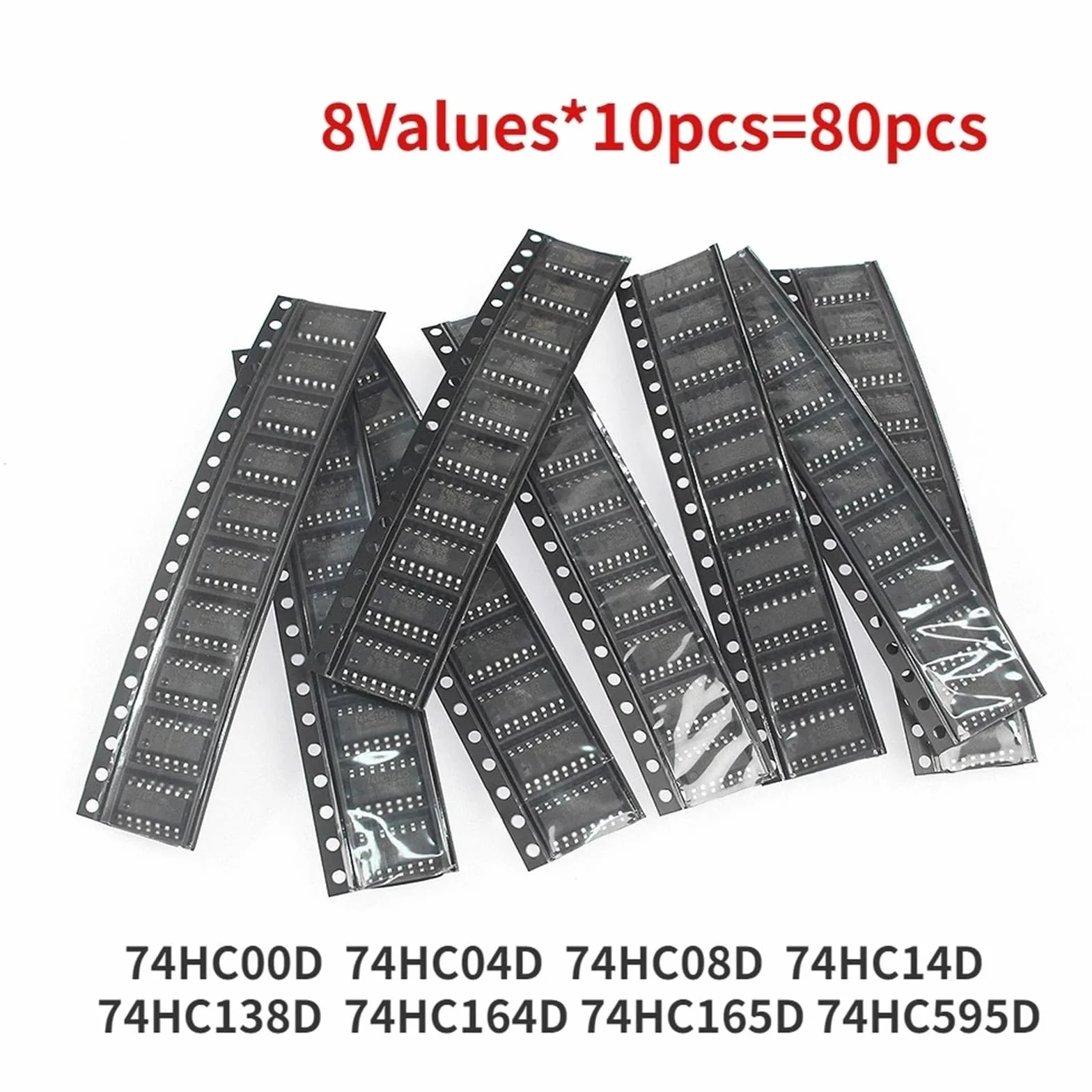 Kit di componenti elettronici IC logici SMD da 80 Pezzi 74HC00D 74HC04D 74HC08D 74HC14D 74HC138D 74HC164D 74HC165D 74HC595D Set di Chip IC SOP