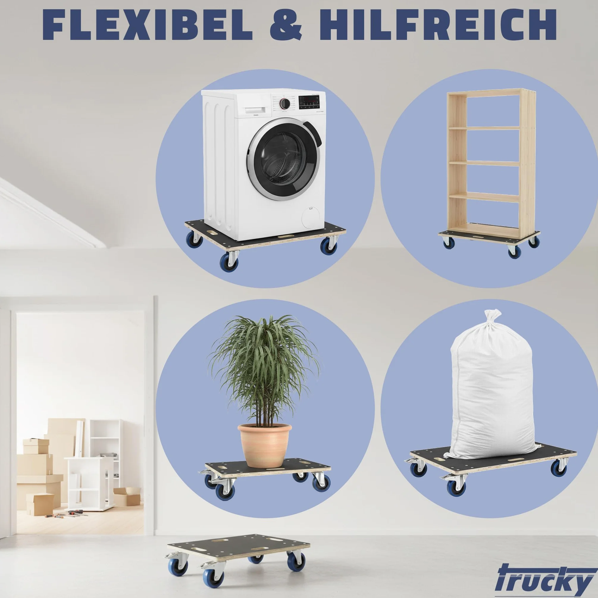 Trucky 60 x 80 cm, rullo per il trasporto, 500 kg, con 4 ruote, carrello per mobili, trasporto