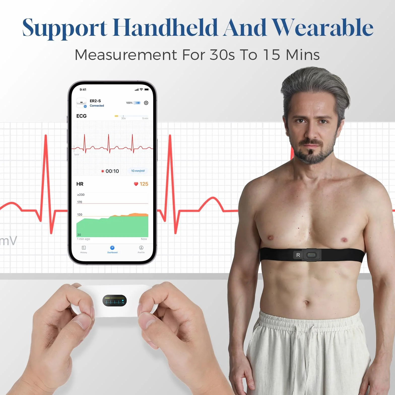 CheckMe ER2-S EKG per casa, dispositivo EKG portatile con fascia toracica precisa (registrazione da 30 secondi a 15 minuti), visualizzazione in tempo reale tramite app, spazio di archiviazione illimit